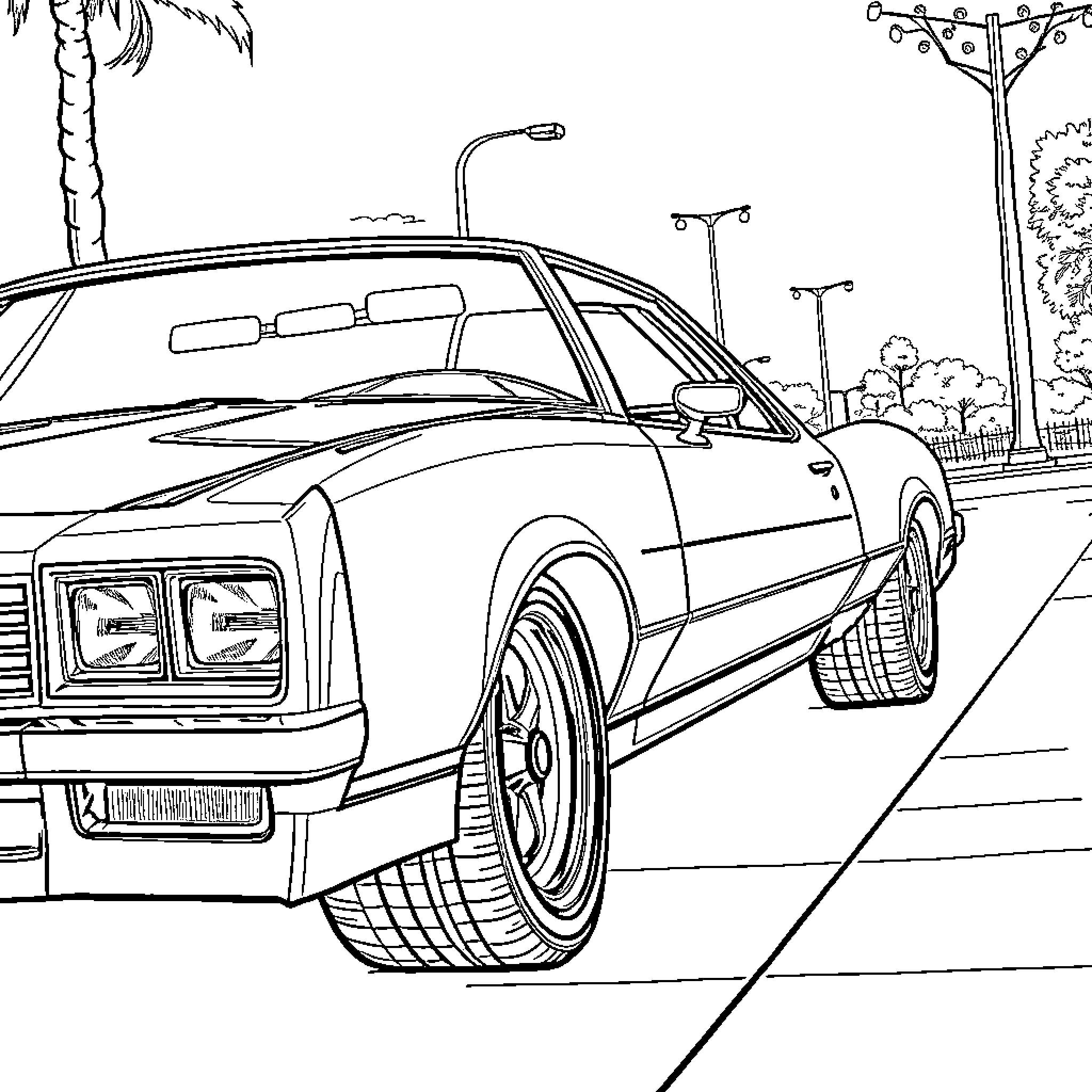 Monte Carlo Vintage Sports Car on the Streets Coloring Page (free black-and-white line drawing printable PDF for all, from beginners to advanced learners, including children, teens, adults, and seniors)