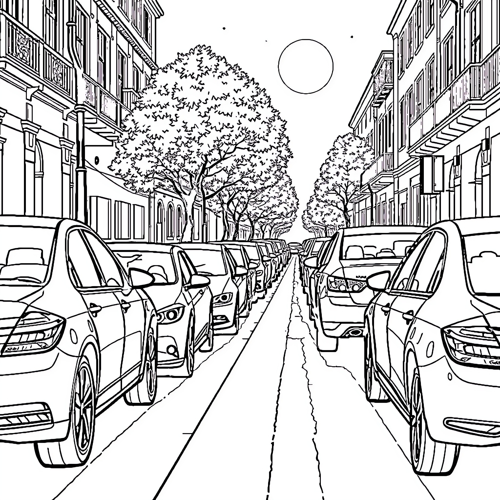 Cars on a Bustling City Street with Towering Trees Coloring Page (free black-and-white line drawing printable PDF for all, from beginners to advanced learners, including children, teens, adults, and seniors)