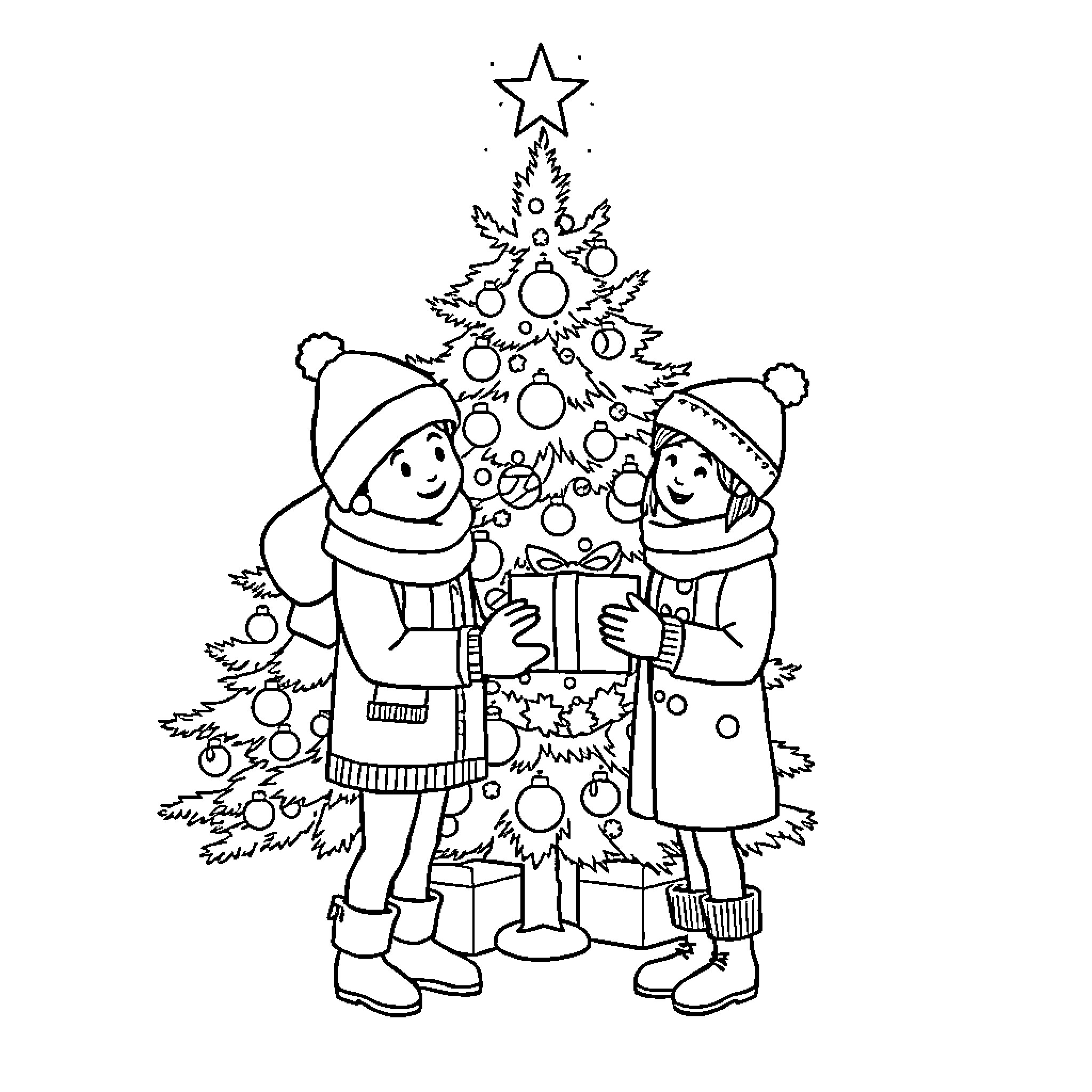 Couple decorating Christmas tree together Coloring Page (free black-and-white line drawing printable PDF for all, from beginners to advanced learners, including children, teens, adults, and seniors)