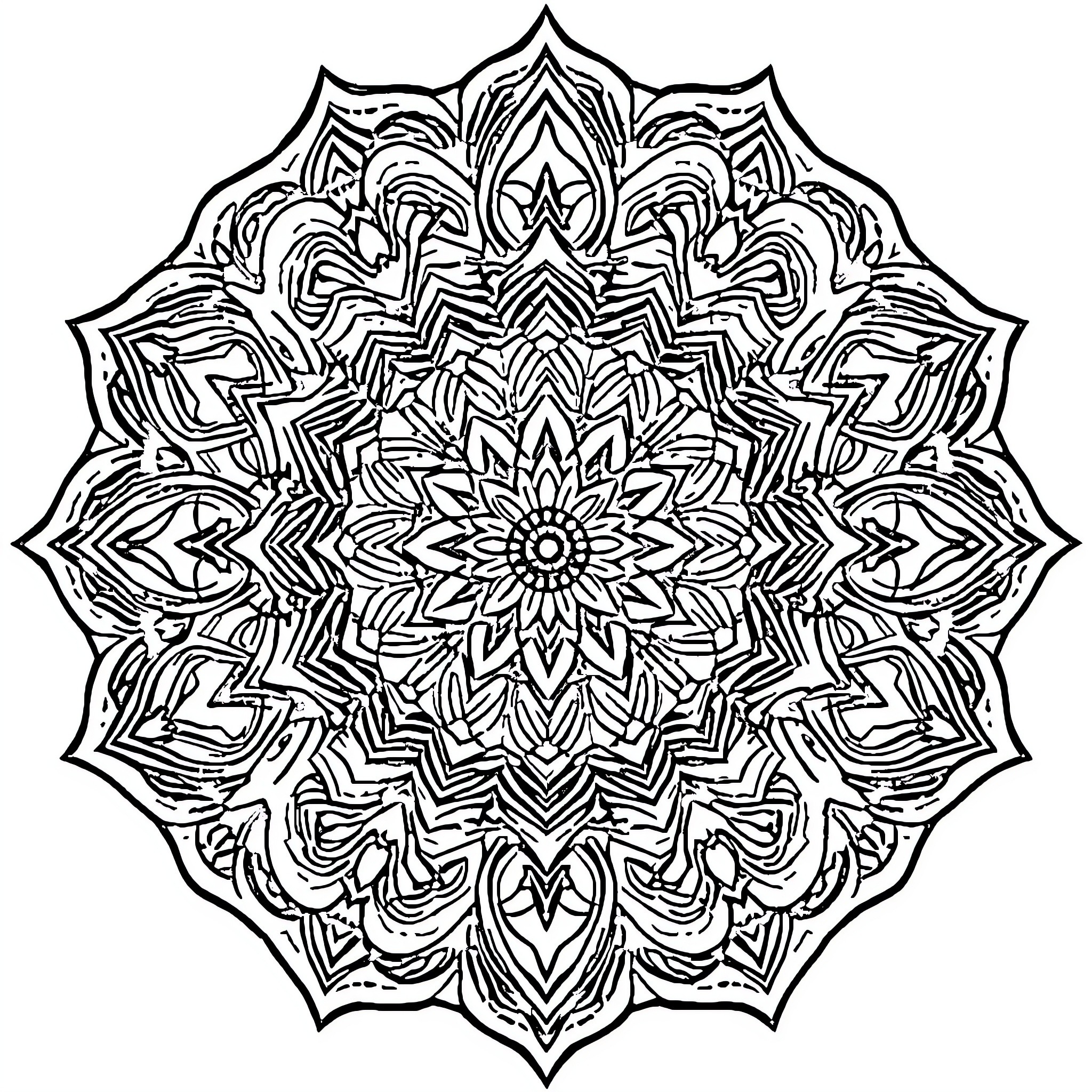 Mandala of intricate floral patterns Coloring Page (free black-and-white line drawing printable PDF for all, from beginners to advanced learners, including children, teens, adults, and seniors)