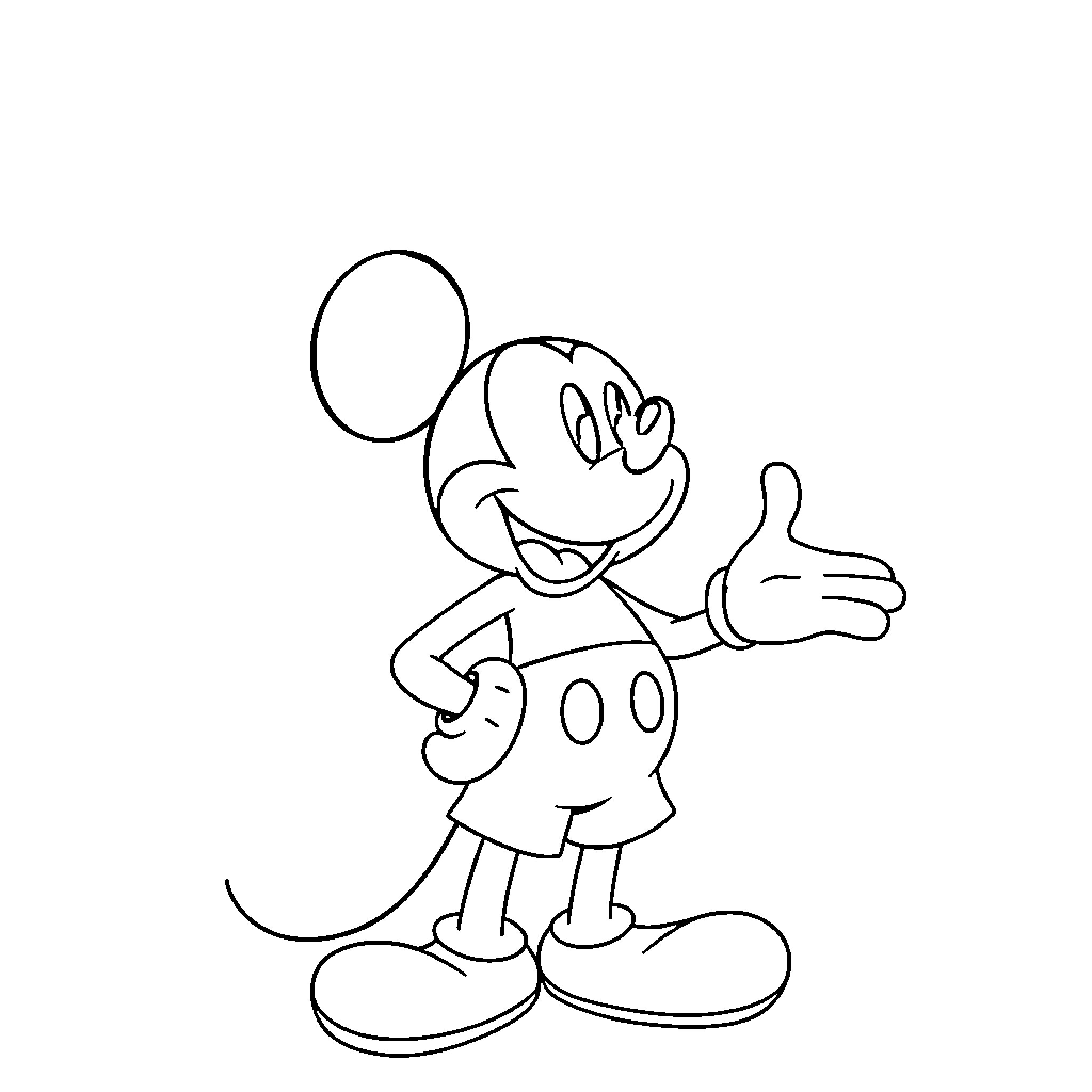 Mickey Mouse giving a friendly gesture Coloring Page (free black-and-white line drawing printable PDF for all, from beginners to advanced learners, including children, teens, adults, and seniors)