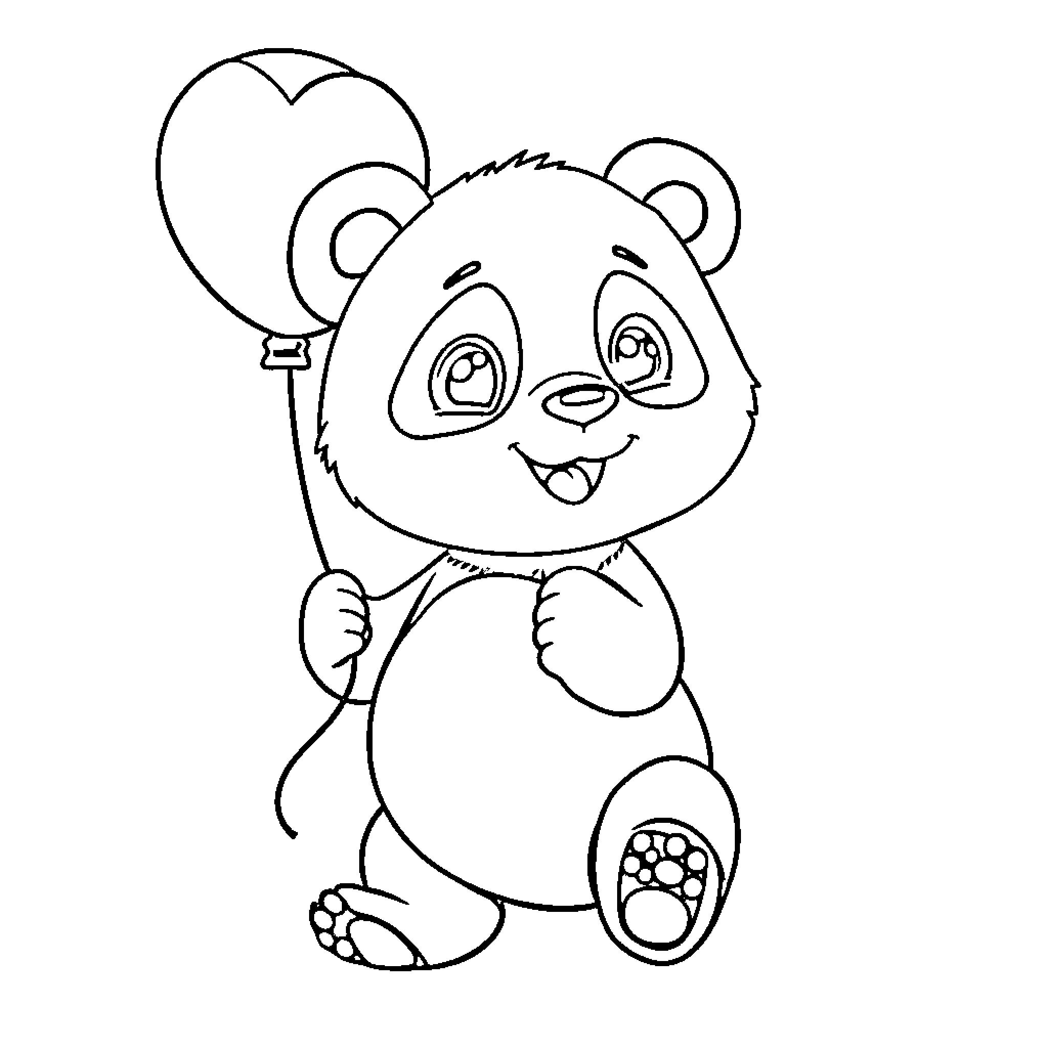Panda holding a heart-shaped balloon Coloring Page (free black-and-white line drawing printable PDF for all, from beginners to advanced learners, including children, teens, adults, and seniors)