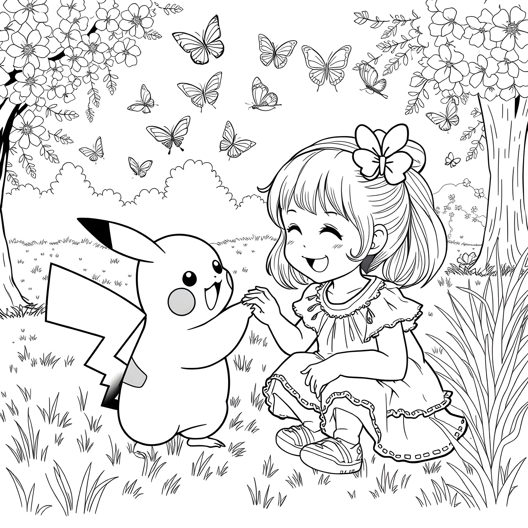 Pikachu and Girl Playing in Floral Garden Coloring Page (free black-and-white line drawing printable PDF for all, from beginners to advanced learners, including children, teens, adults, and seniors)