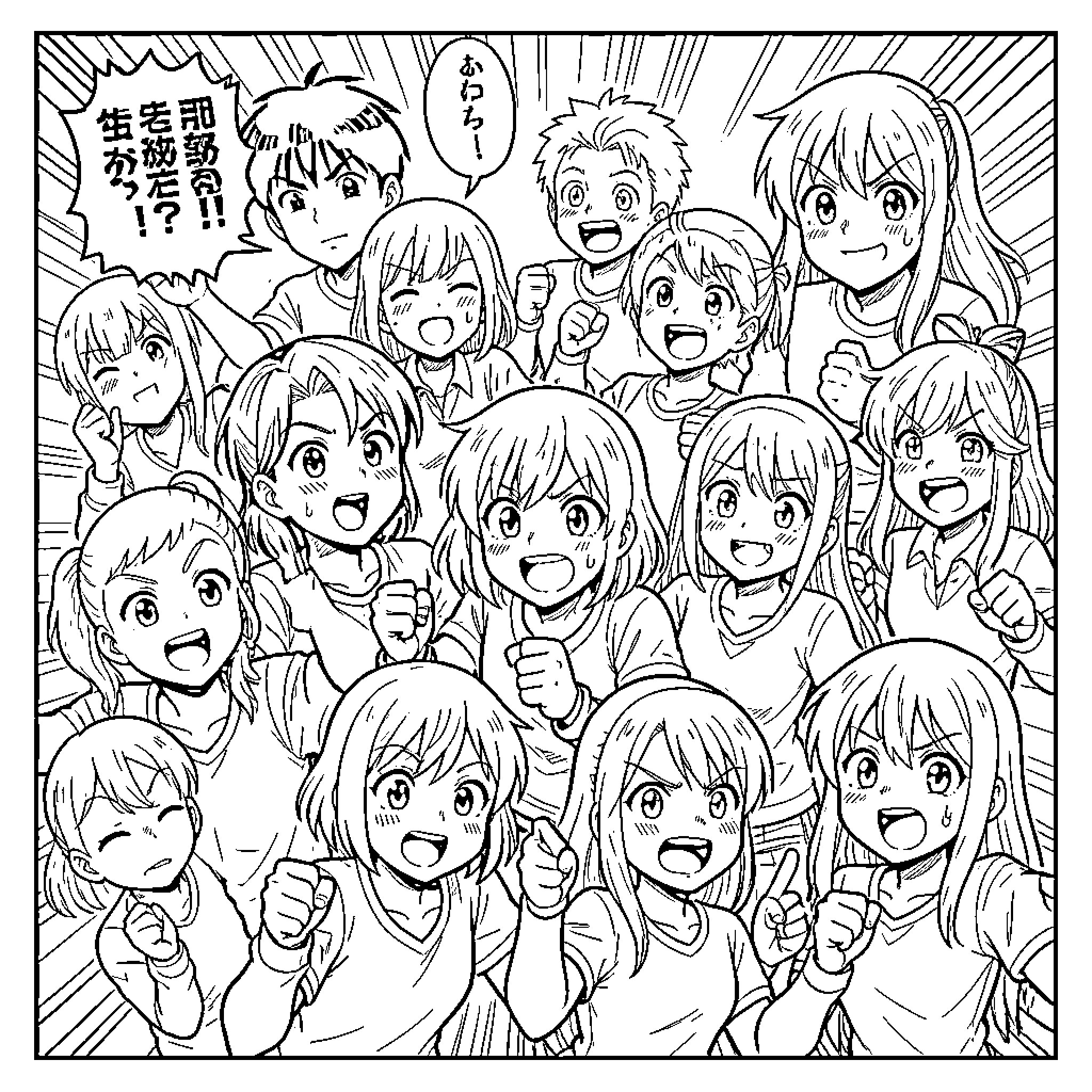 Anime group of cheerful friends cheering together Coloring Page (free black-and-white line drawing printable PDF for all, from beginners to advanced learners, including children, teens, adults, and seniors)