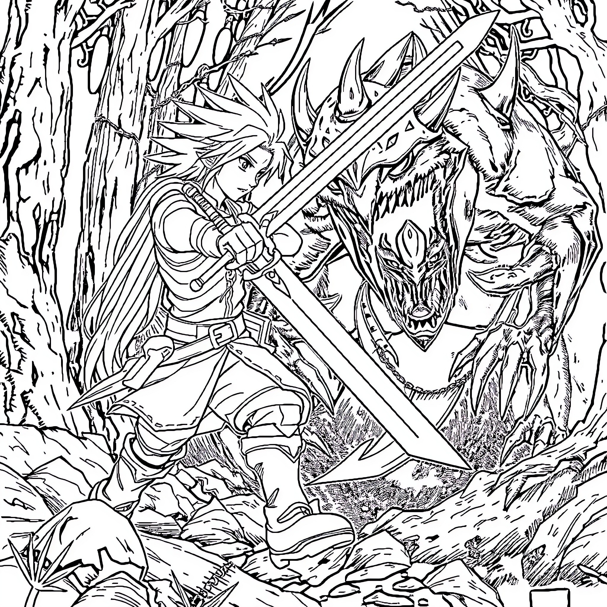 Cloud Strife battles a fierce monster in the wild Coloring Page (free black-and-white line drawing printable PDF for all, from beginners to advanced learners, including children, teens, adults, and seniors)