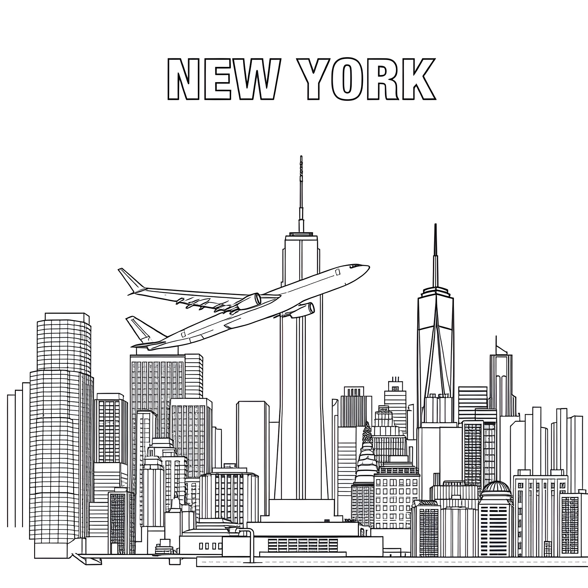 Plane flying over the skyscrapers of New York City Coloring Page (free black-and-white line drawing printable PDF for all, from beginners to advanced learners, including children, teens, adults, and seniors)