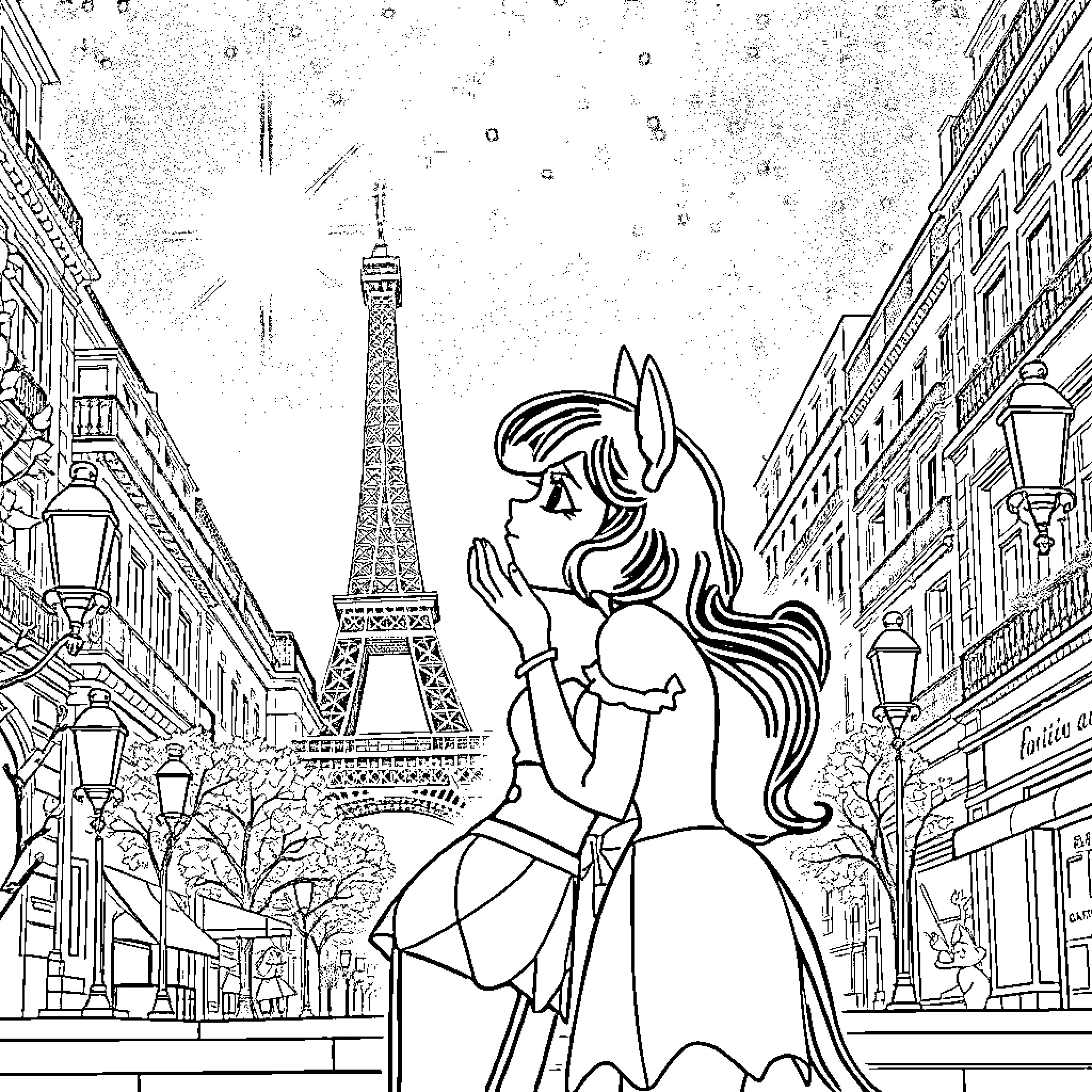Marinette's Enchanting Parisian Adventure Coloring Page (free black-and-white line drawing printable PDF for all, from beginners to advanced learners, including children, teens, adults, and seniors)