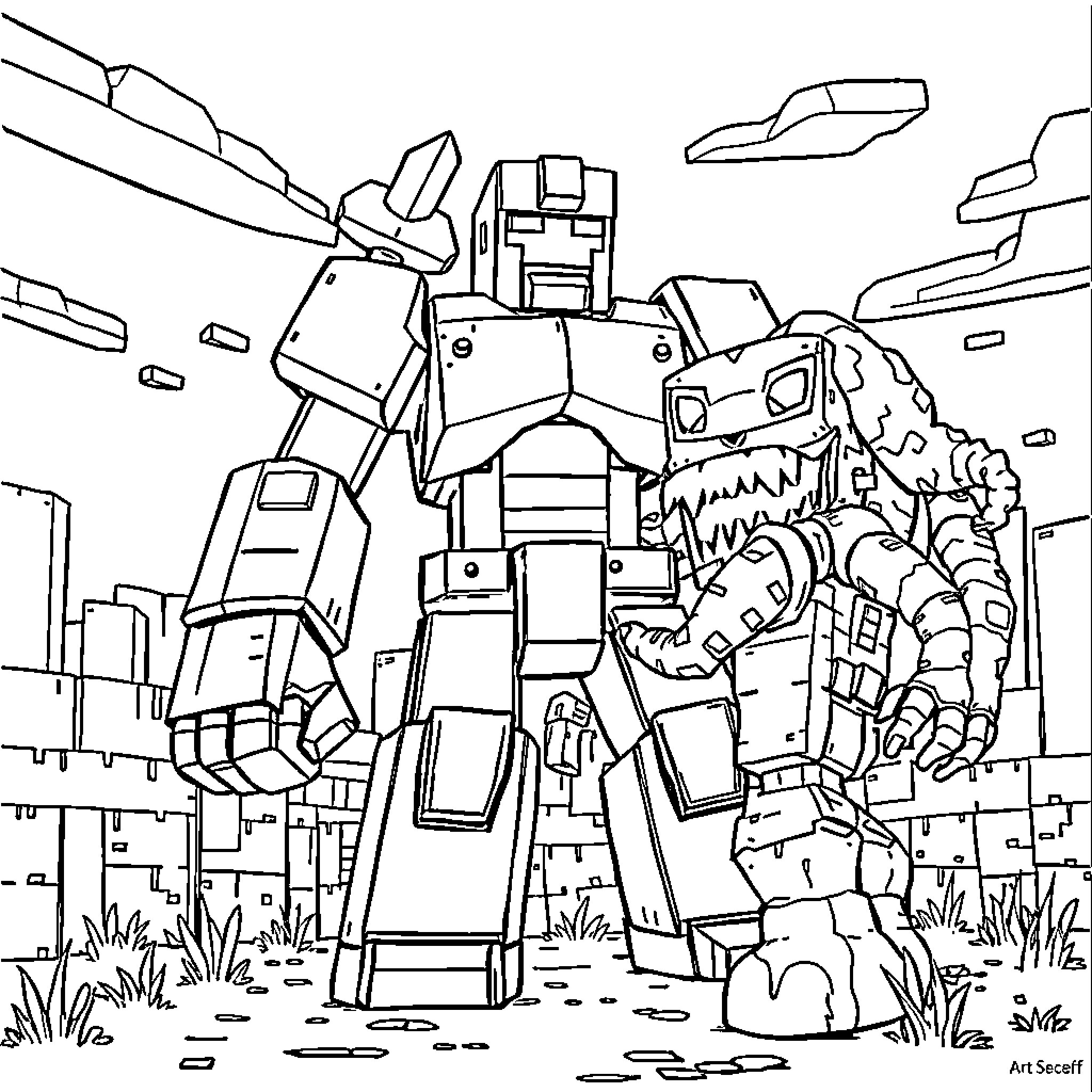 Iron Golem Defending City from Destruction Coloring Page (free black-and-white line drawing printable PDF for all, from beginners to advanced learners, including children, teens, adults, and seniors)