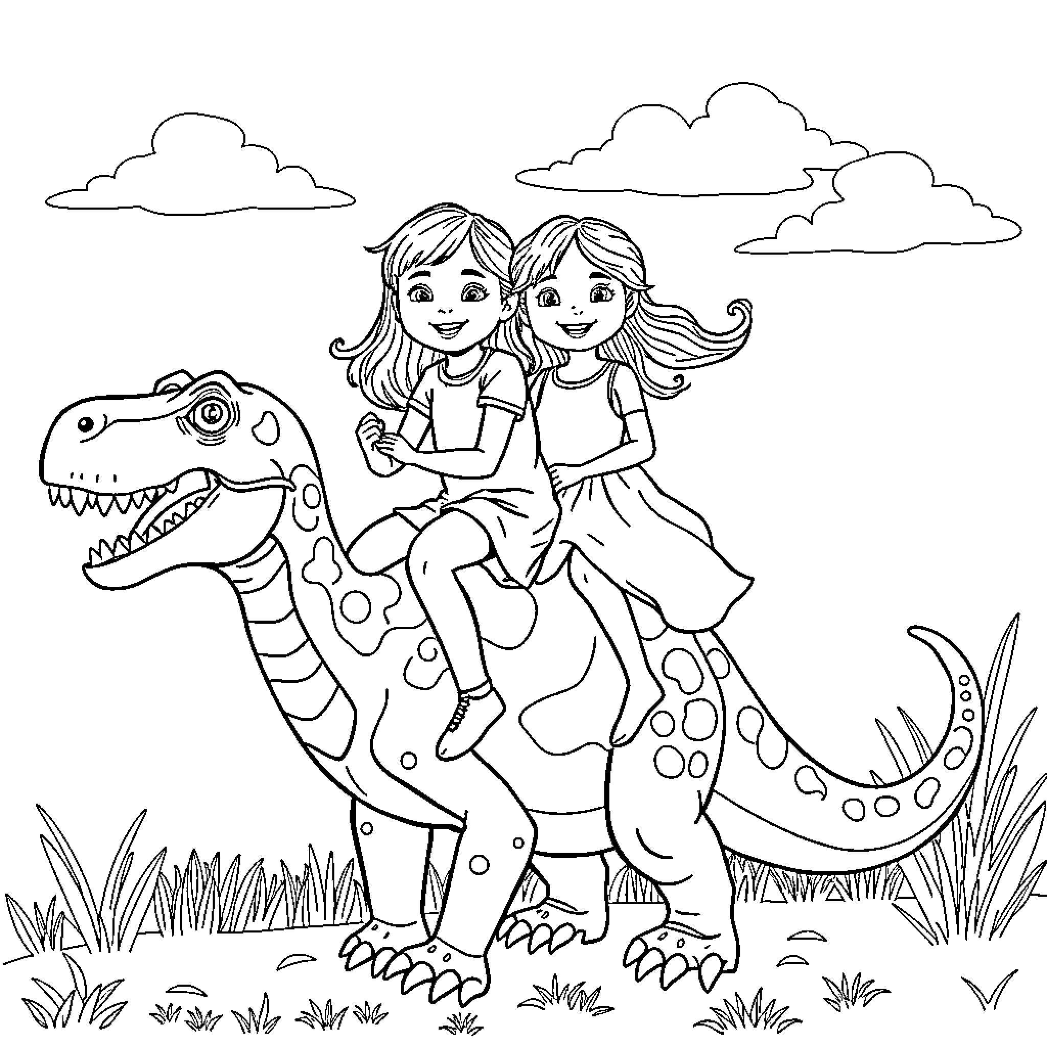 Girls enjoying a ride on a friendly dinosaur Coloring Page (free black-and-white line drawing printable PDF for all, from beginners to advanced learners, including children, teens, adults, and seniors)
