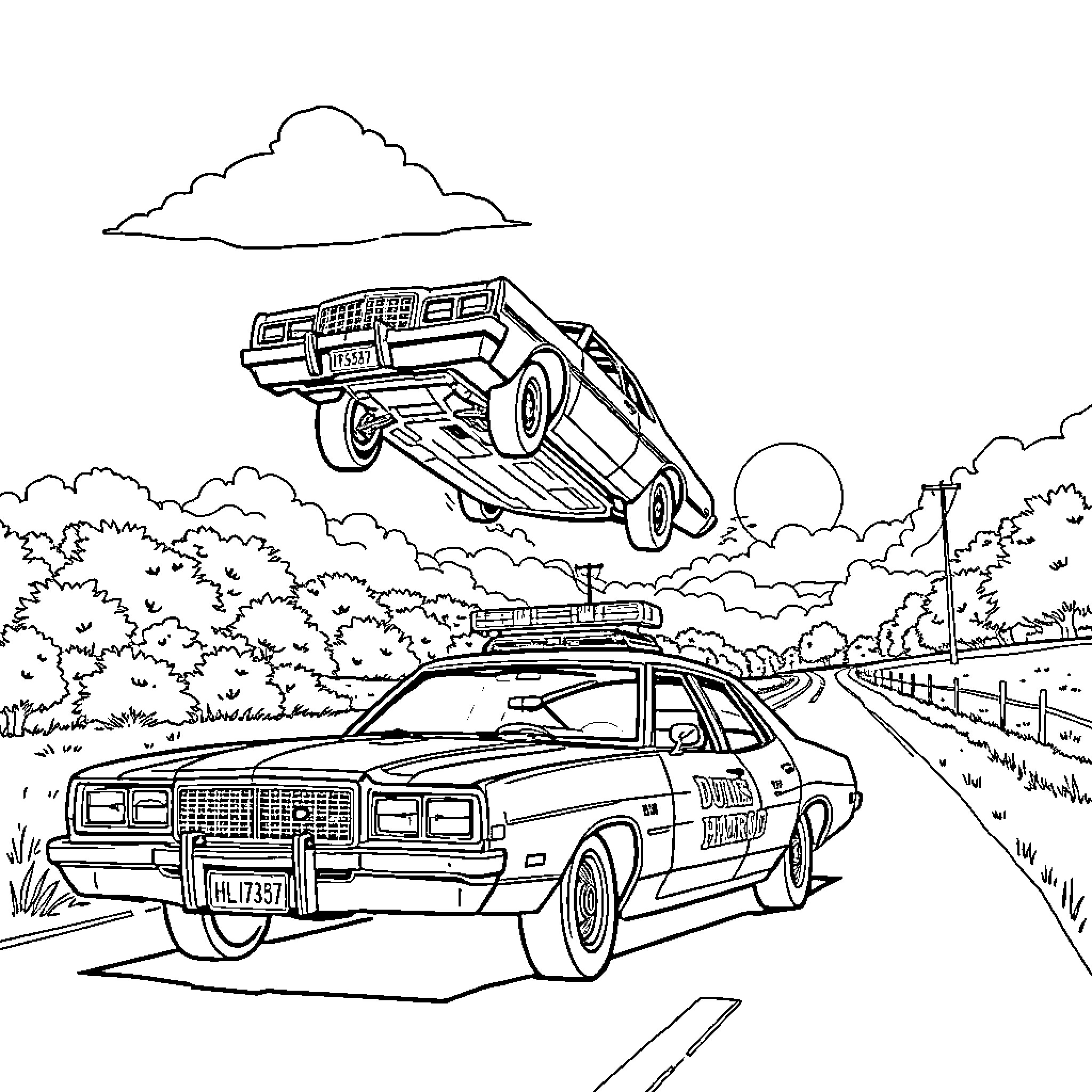 Car chase down the country road Coloring Page (free black-and-white line drawing printable PDF for all, from beginners to advanced learners, including children, teens, adults, and seniors)