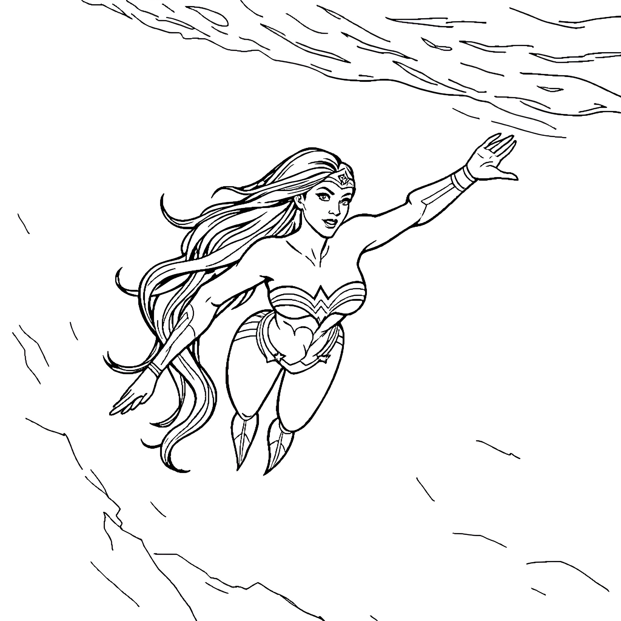 Wonder Woman soaring in heroic action Coloring Page (free black-and-white line drawing printable PDF for all, from beginners to advanced learners, including children, teens, adults, and seniors)