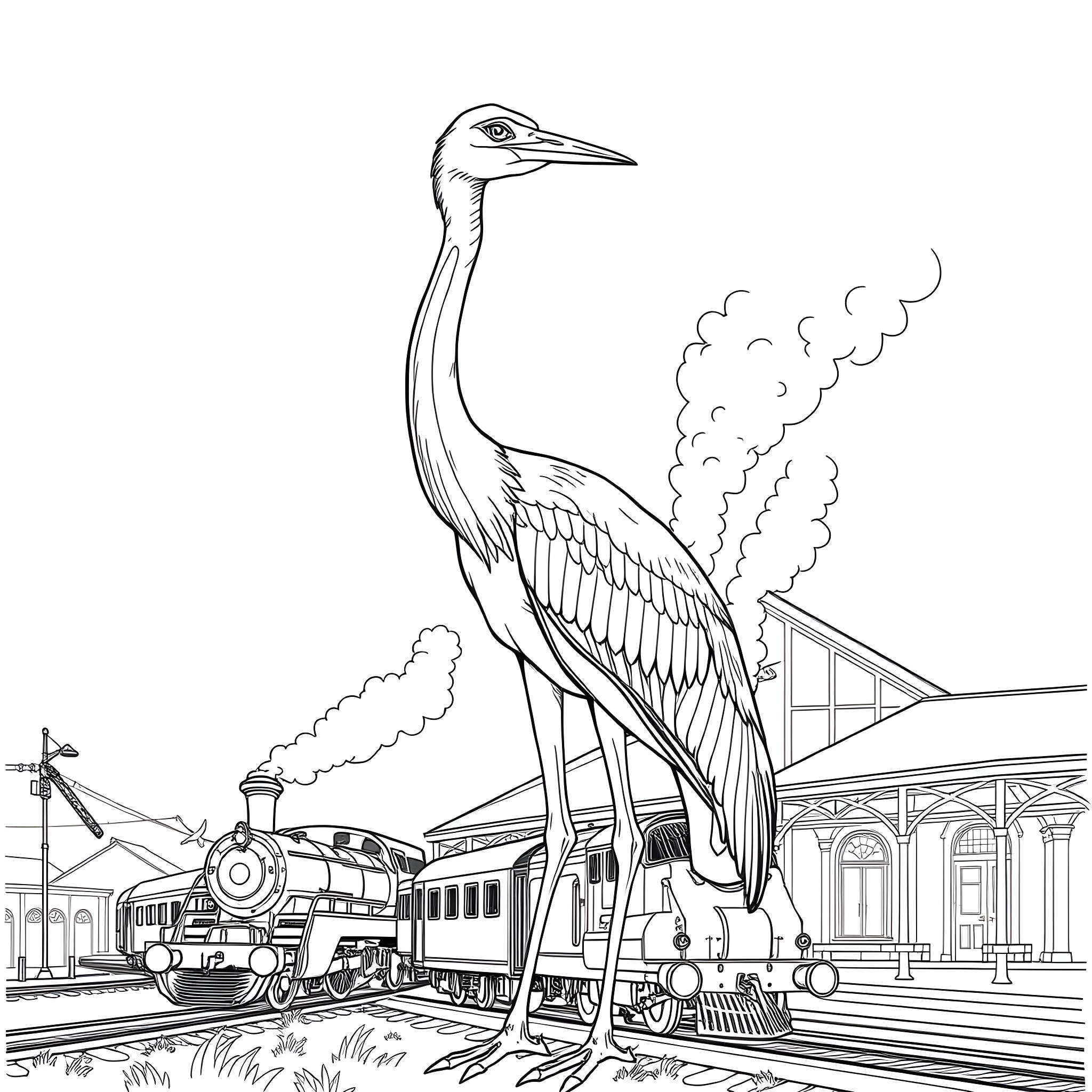 Crane standing near a steam train Coloring Page (free black-and-white line drawing printable PDF for all, from beginners to advanced learners, including children, teens, adults, and seniors)