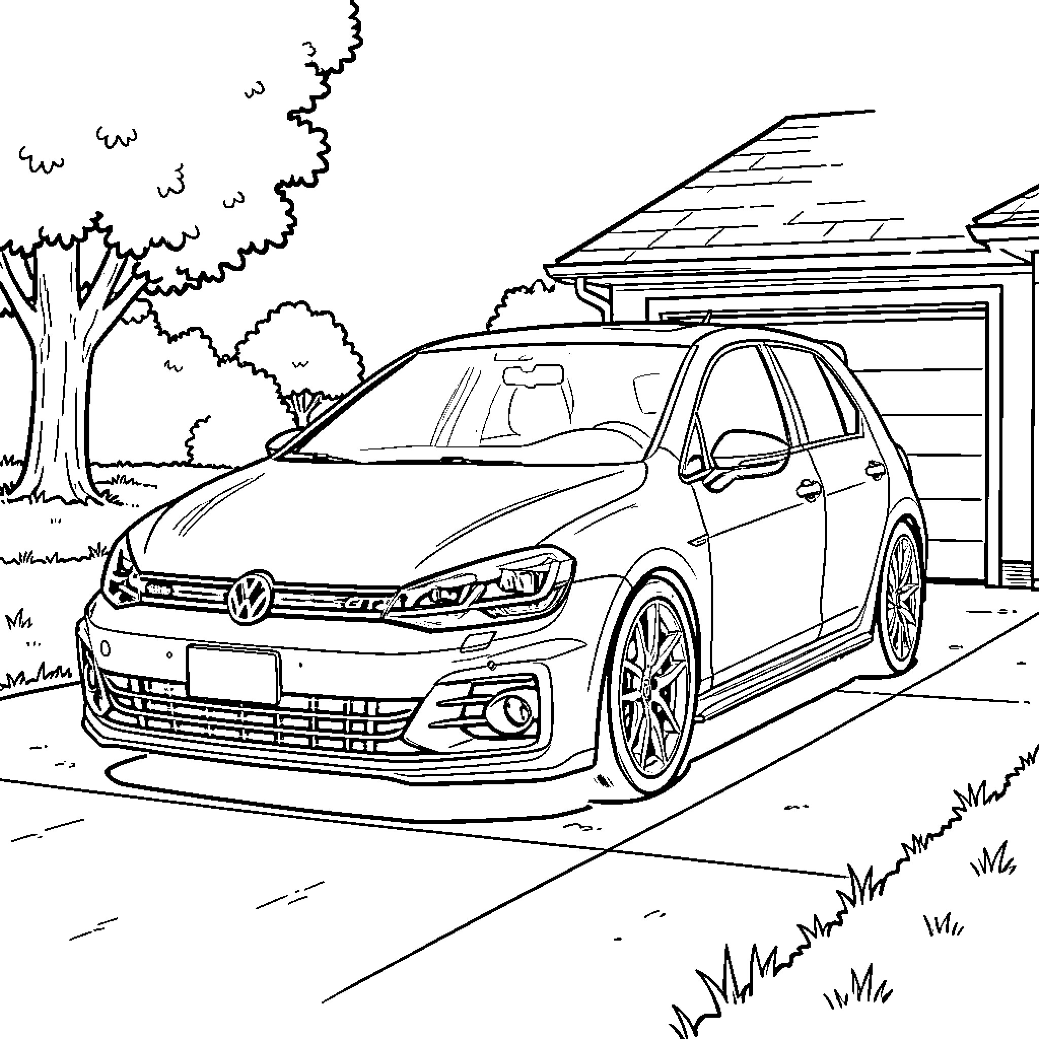 Golf GTI parked in a driveway near a house Coloring Page (free black-and-white line drawing printable PDF for all, from beginners to advanced learners, including children, teens, adults, and seniors)
