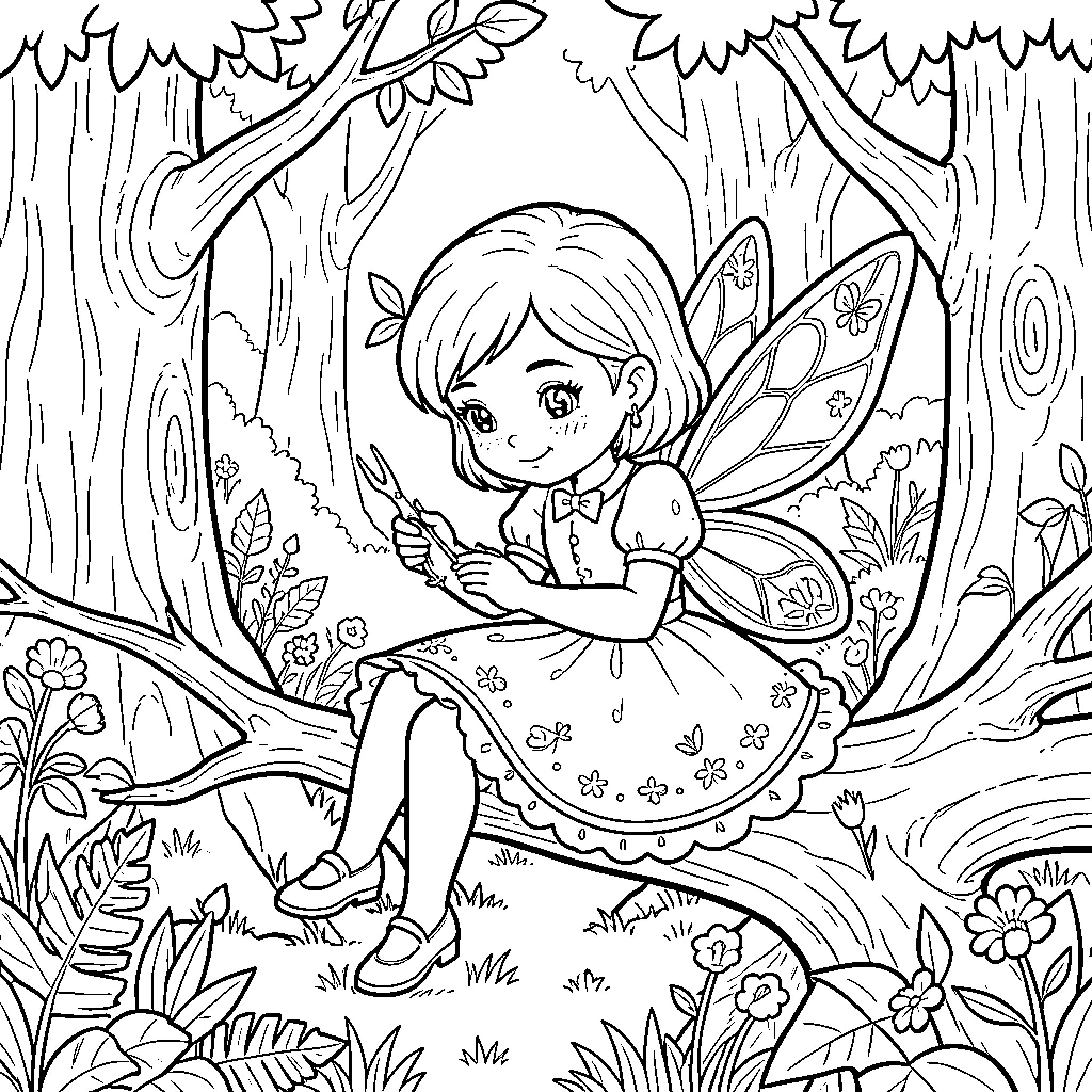 Fairy sitting on a branch in the forest Coloring Page (free black-and-white line drawing printable PDF for all, from beginners to advanced learners, including children, teens, adults, and seniors)