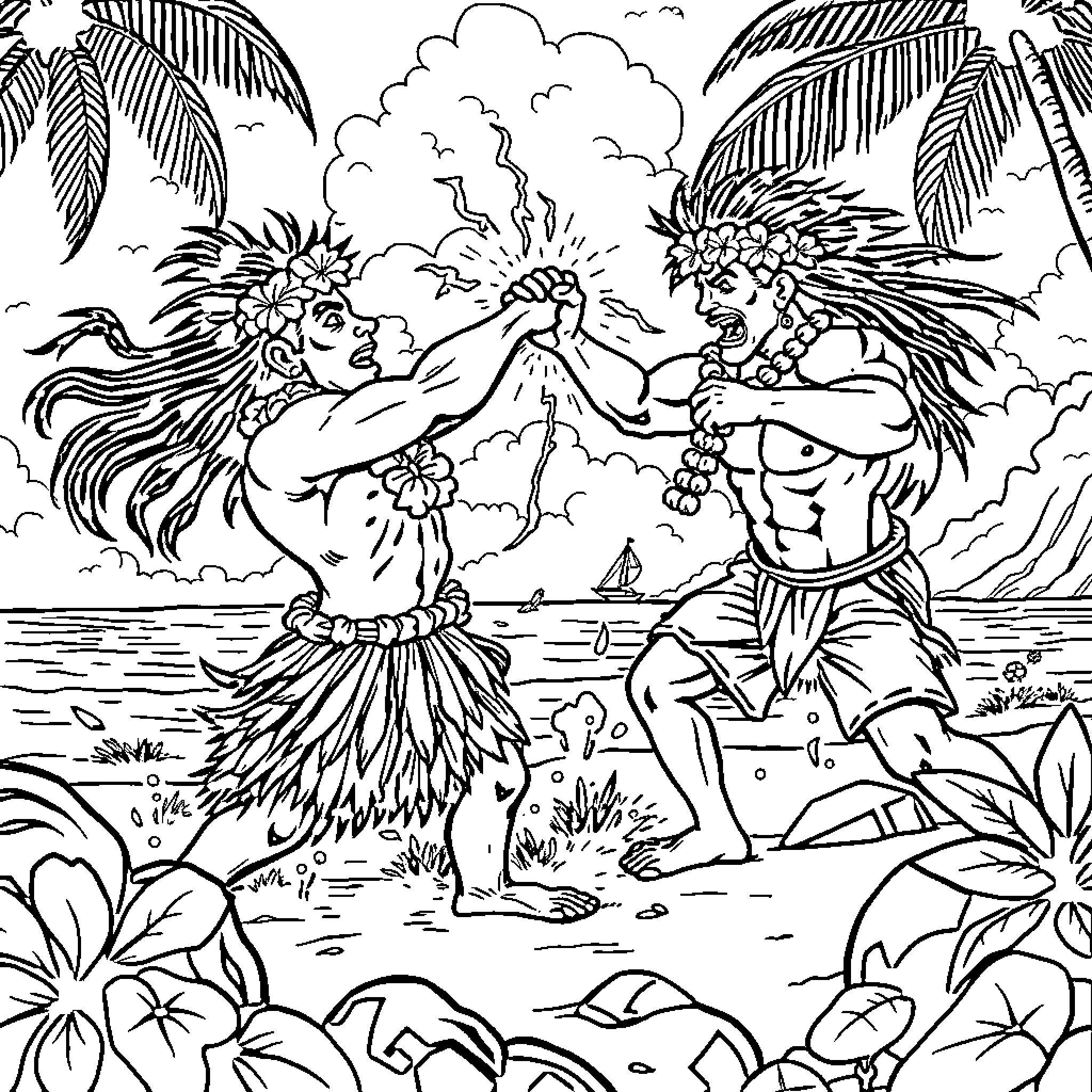 Hawaiian Tribal Warriors Engaged in Combat Coloring Page (free black-and-white line drawing printable PDF for all, from beginners to advanced learners, including children, teens, adults, and seniors)