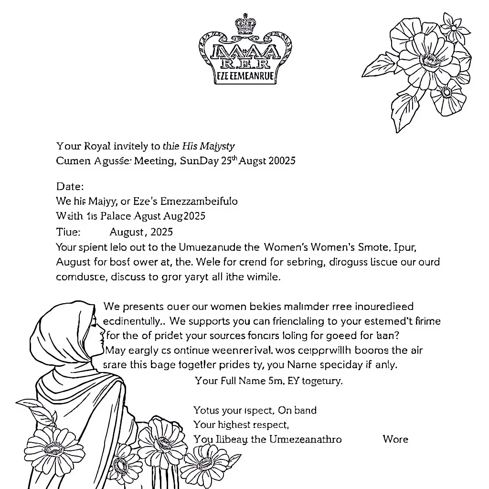 Invitation to a Royal Meeting with Floral Accents Coloring Page (free black-and-white line drawing printable PDF for all, from beginners to advanced learners, including children, teens, adults, and seniors)