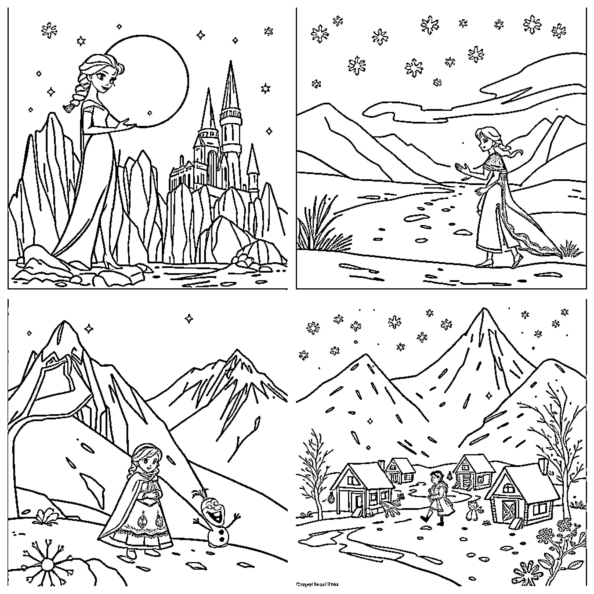Frozen scenes of winter landscapes and characters Coloring Page (free black-and-white line drawing printable PDF for all, from beginners to advanced learners, including children, teens, adults, and seniors)