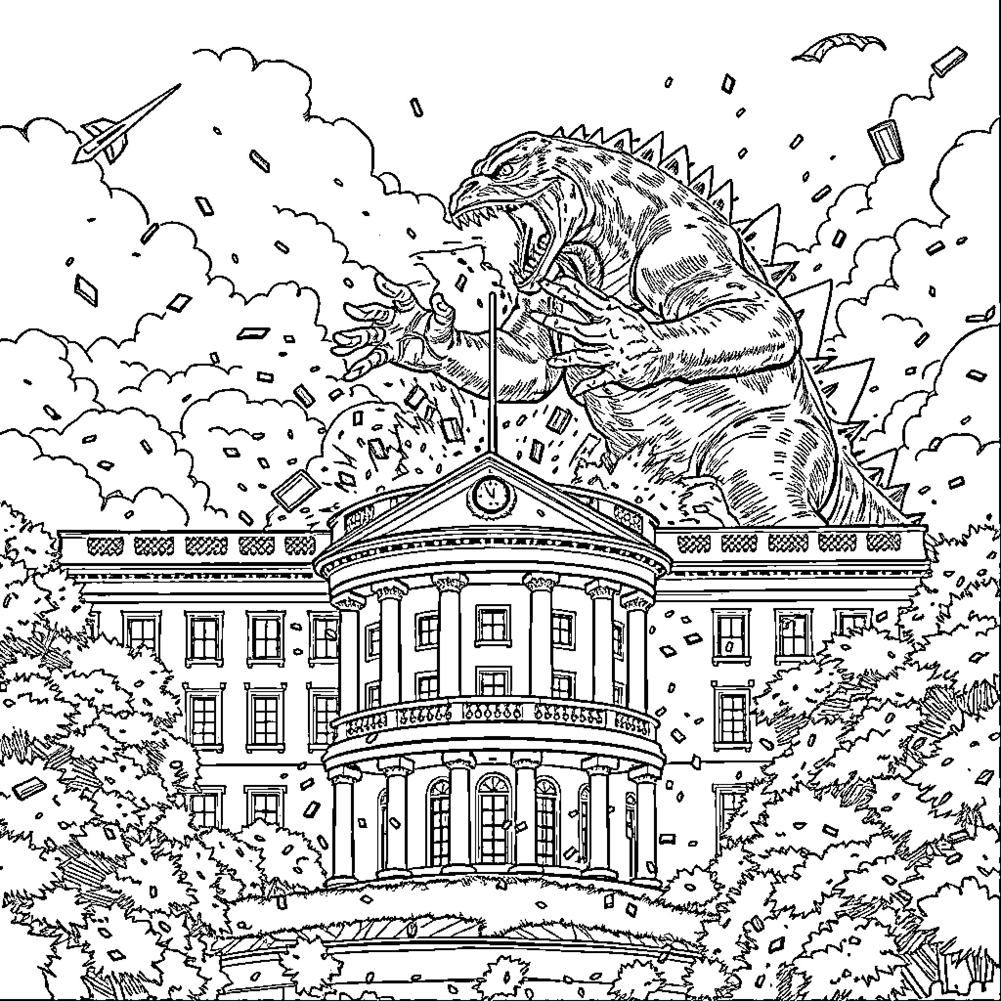 Godzilla Destroys the White House in Epic Rampage Coloring Page (free black-and-white line drawing printable PDF for all, from beginners to advanced learners, including children, teens, adults, and seniors)