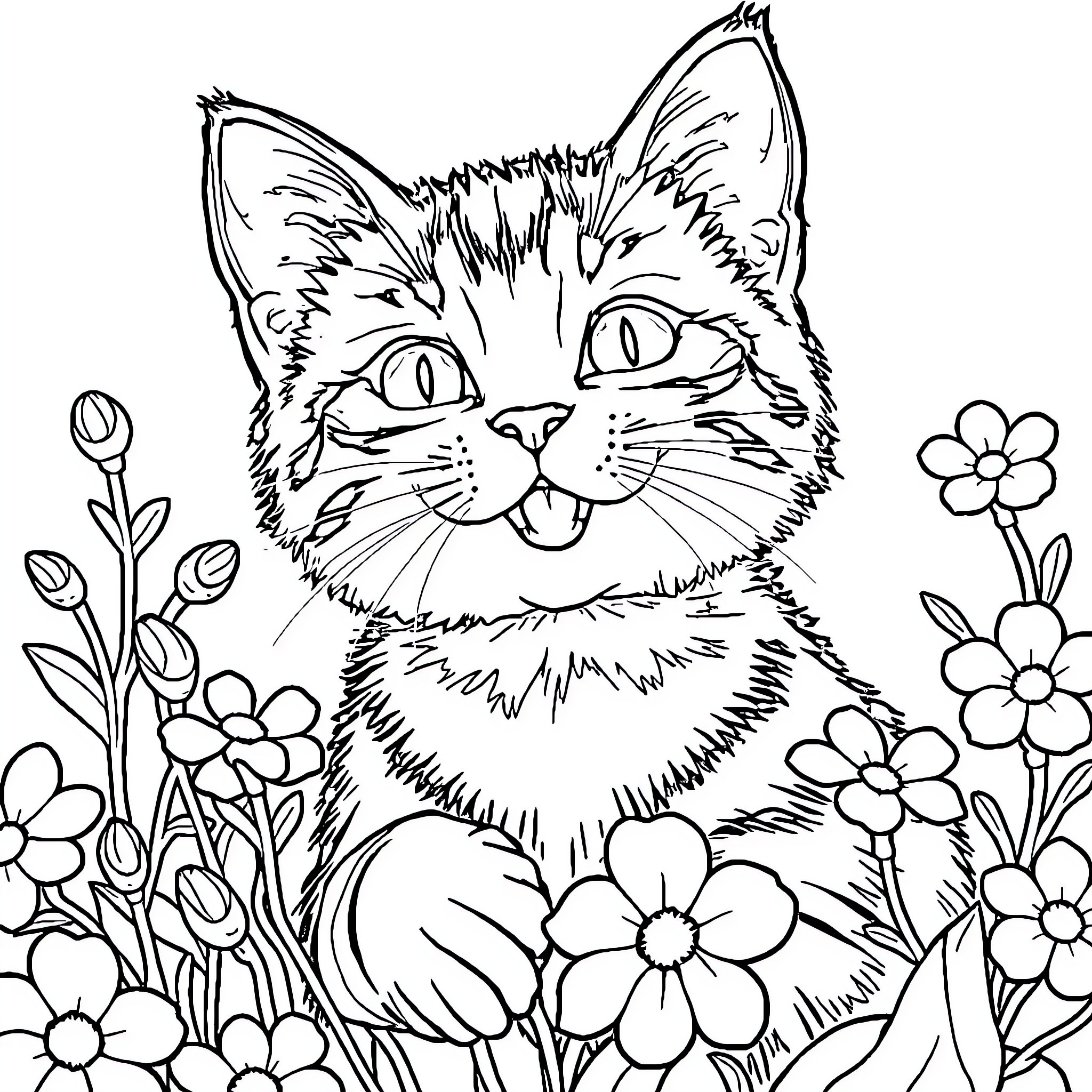 Siamese Cat in Flower Garden Coloring Page (free black-and-white line drawing printable PDF for all, from beginners to advanced learners, including children, teens, adults, and seniors)