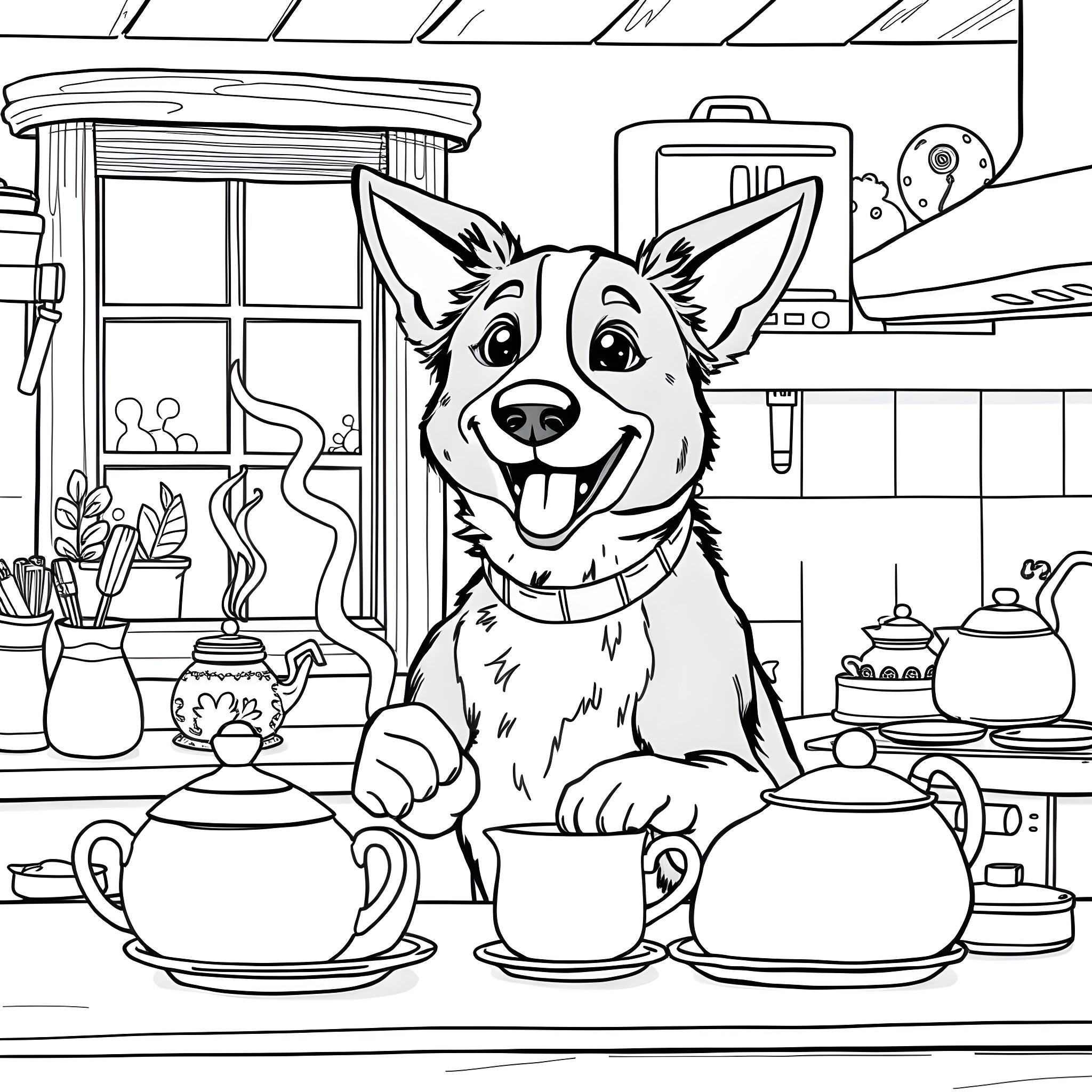 Bingo the Cheerful Dog in the Kitchen Coloring Page (free black-and-white line drawing printable PDF for all, from beginners to advanced learners, including children, teens, adults, and seniors)