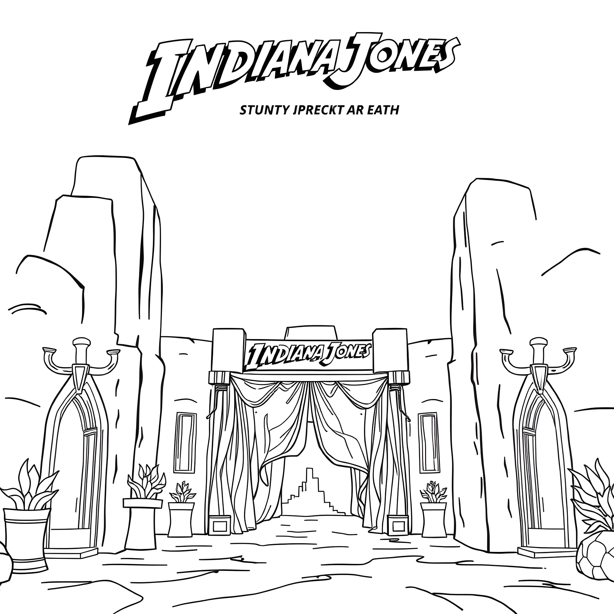Indiana Jones Stunty Ipreck at Eath Coloring Page (free black-and-white line drawing printable PDF for all, from beginners to advanced learners, including children, teens, adults, and seniors)