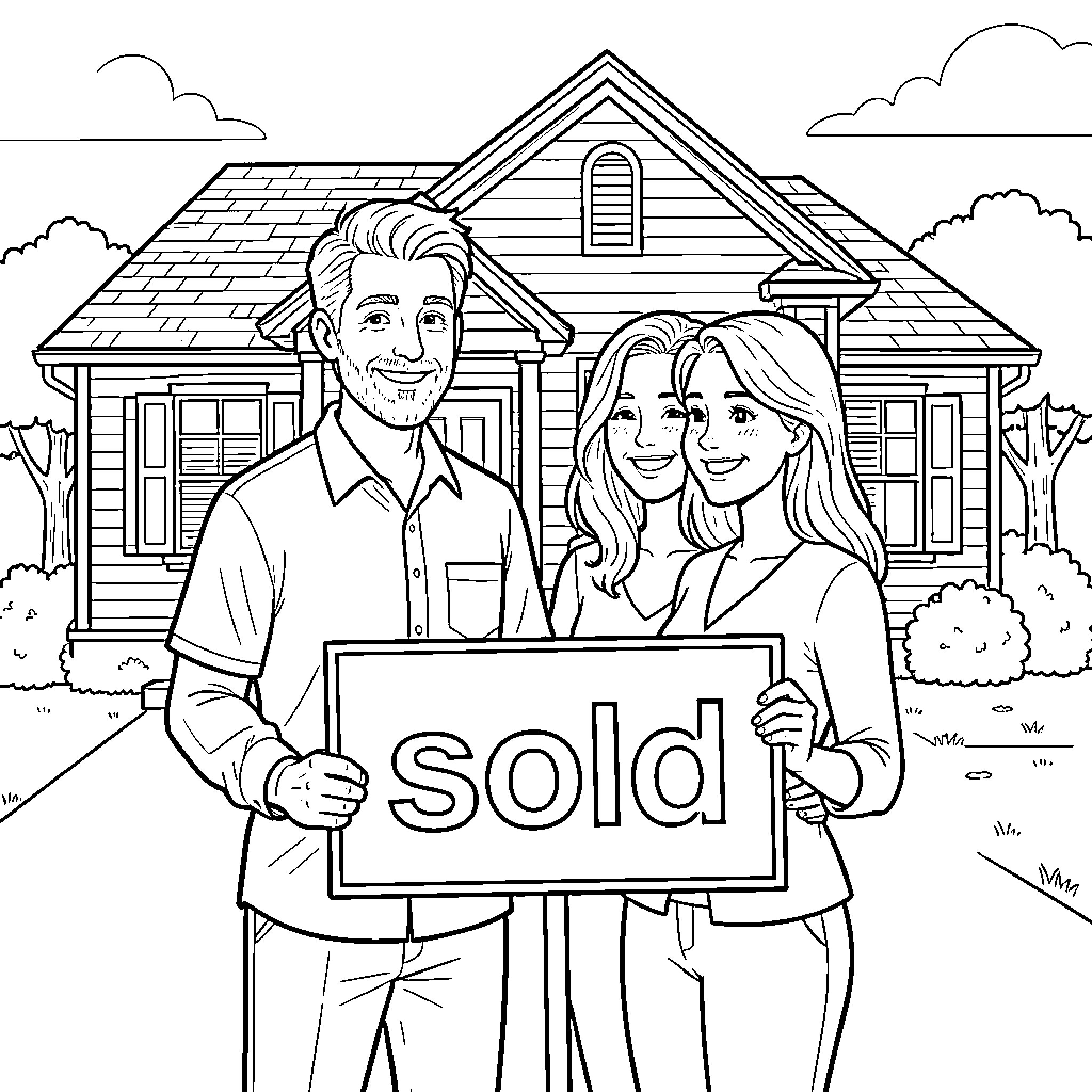 Real Estate Agent Celebrating Successful Home Sale Coloring Page (free black-and-white line drawing printable PDF for all, from beginners to advanced learners, including children, teens, adults, and seniors)
