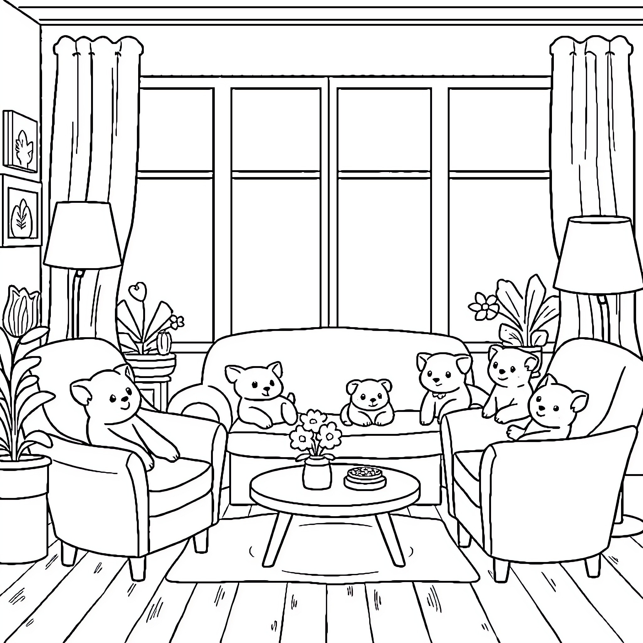 Animal Friends Relaxing in Cozy Living Room Coloring Page (free black-and-white line drawing printable PDF for all, from beginners to advanced learners, including children, teens, adults, and seniors)