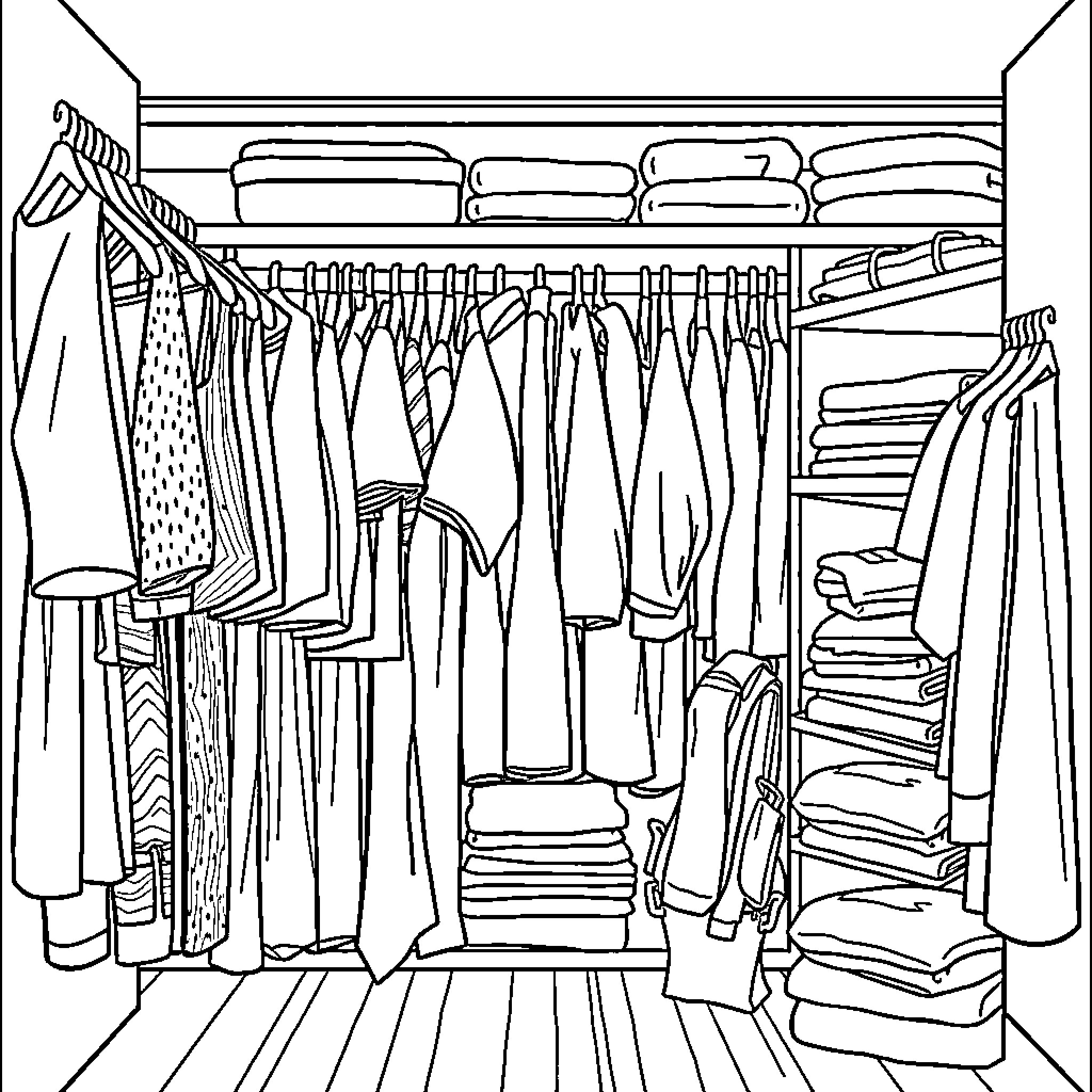 Wardrobe filled with organized clothing Coloring Page (free black-and-white line drawing printable PDF for all, from beginners to advanced learners, including children, teens, adults, and seniors)