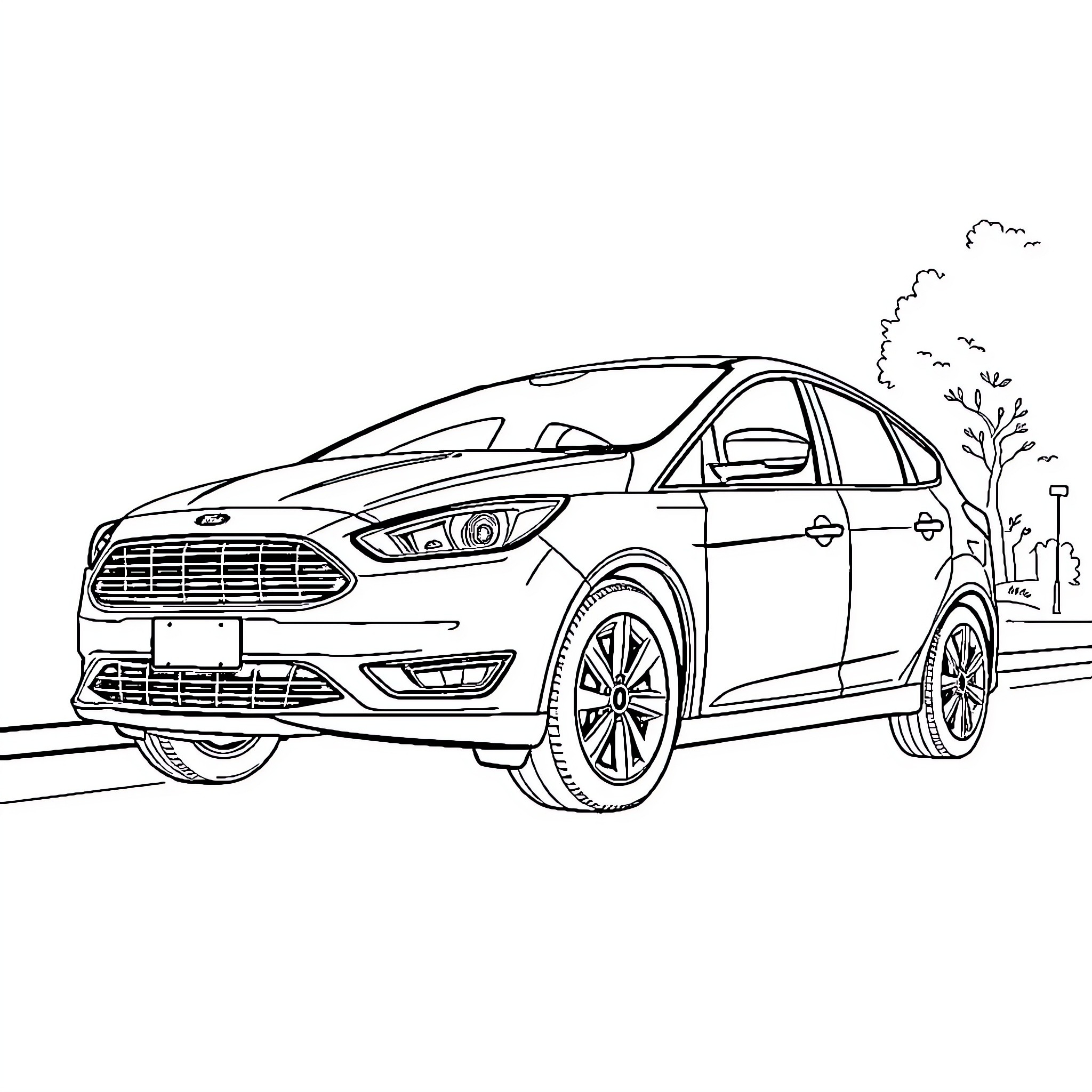 Ford Focus on the road with trees Coloring Page (free black-and-white line drawing printable PDF for all, from beginners to advanced learners, including children, teens, adults, and seniors)