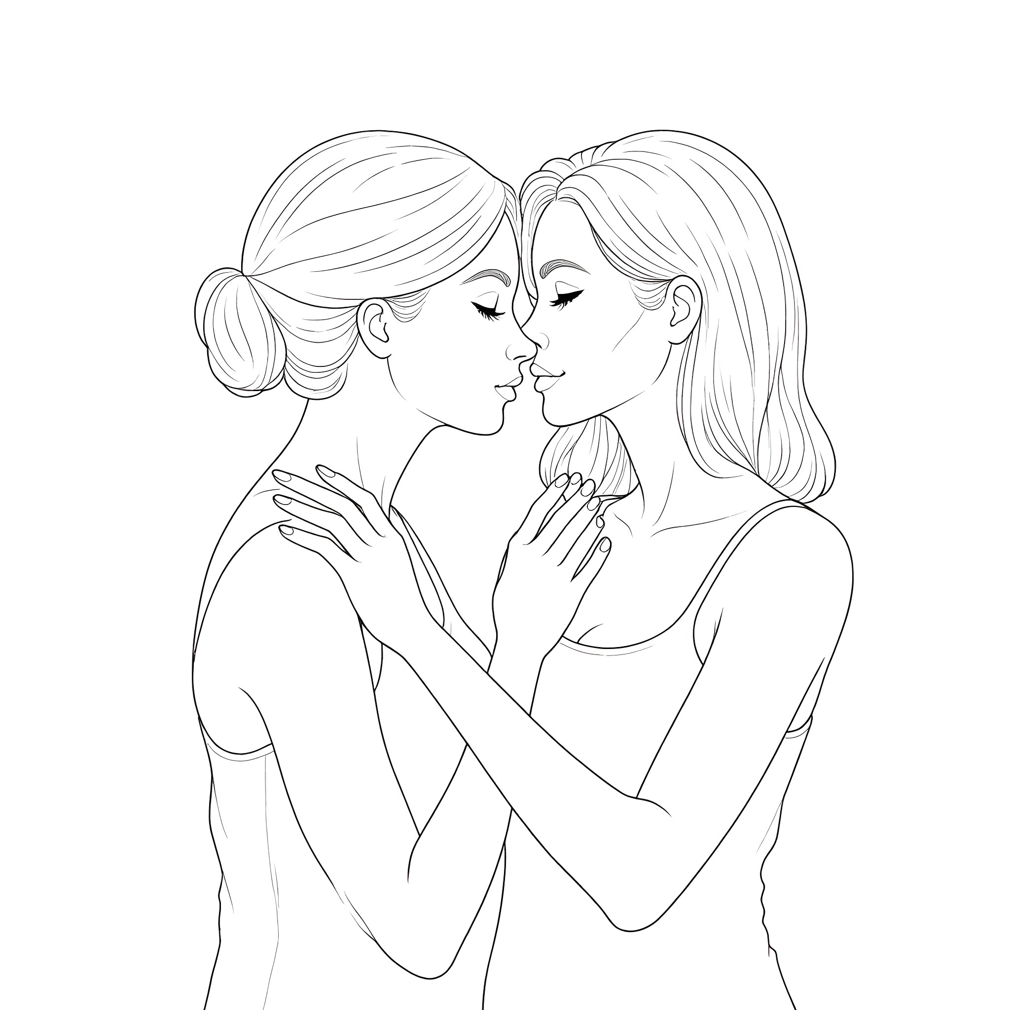 Women in intimate embrace Coloring Page (free black-and-white line drawing printable PDF for all, from beginners to advanced learners, including children, teens, adults, and seniors)