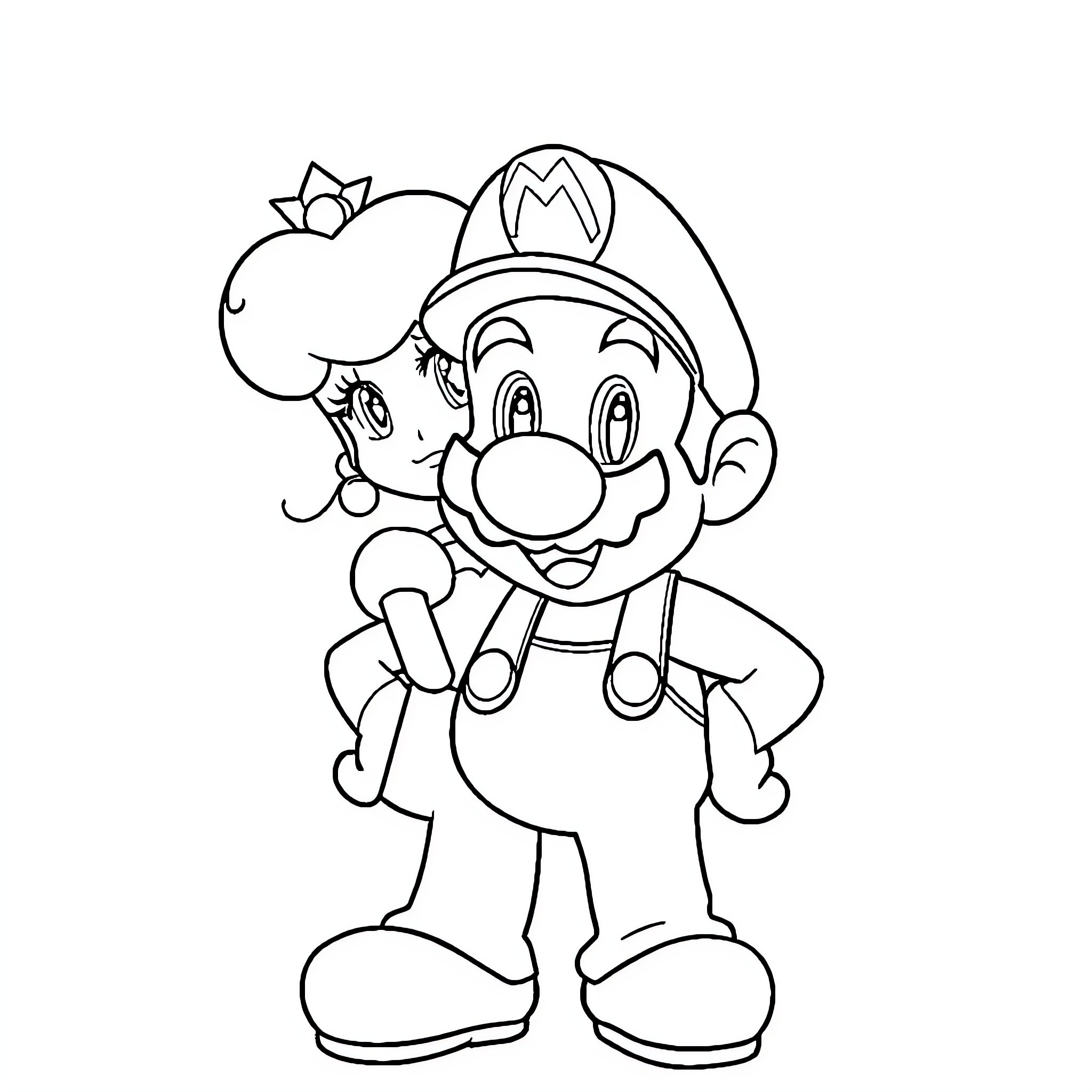 Peach Mario in Playful Pose Coloring Page (free black-and-white line drawing printable PDF for all, from beginners to advanced learners, including children, teens, adults, and seniors)