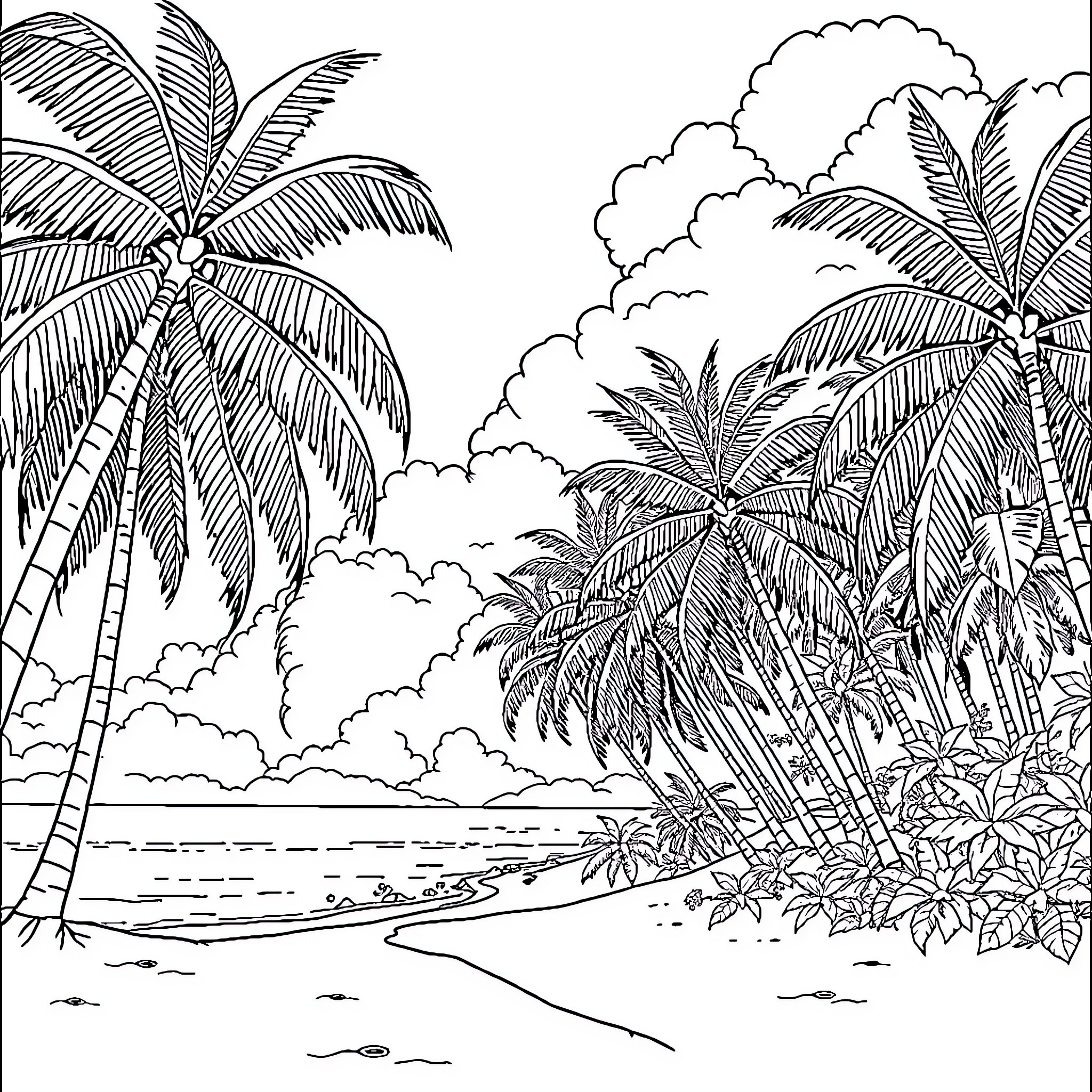 Tropical Paradise with Lush Palm Trees and Coastal Scenery Coloring Page (free black-and-white line drawing printable PDF for all, from beginners to advanced learners, including children, teens, adults, and seniors)