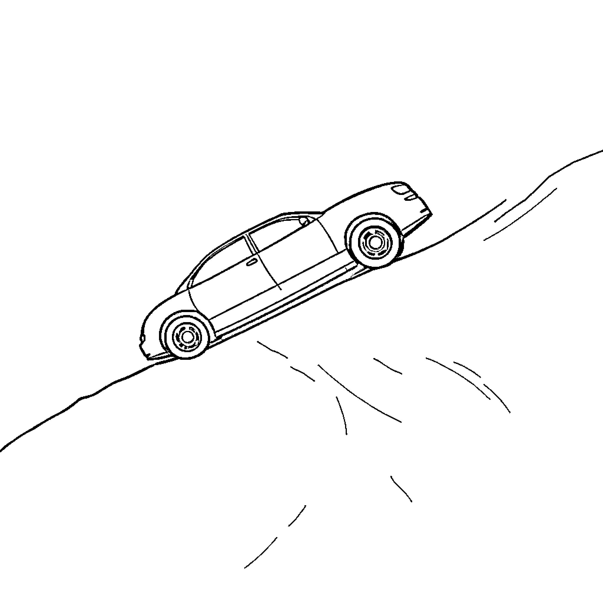 Car speeding down steep hill Coloring Page (free black-and-white line drawing printable PDF for all, from beginners to advanced learners, including children, teens, adults, and seniors)