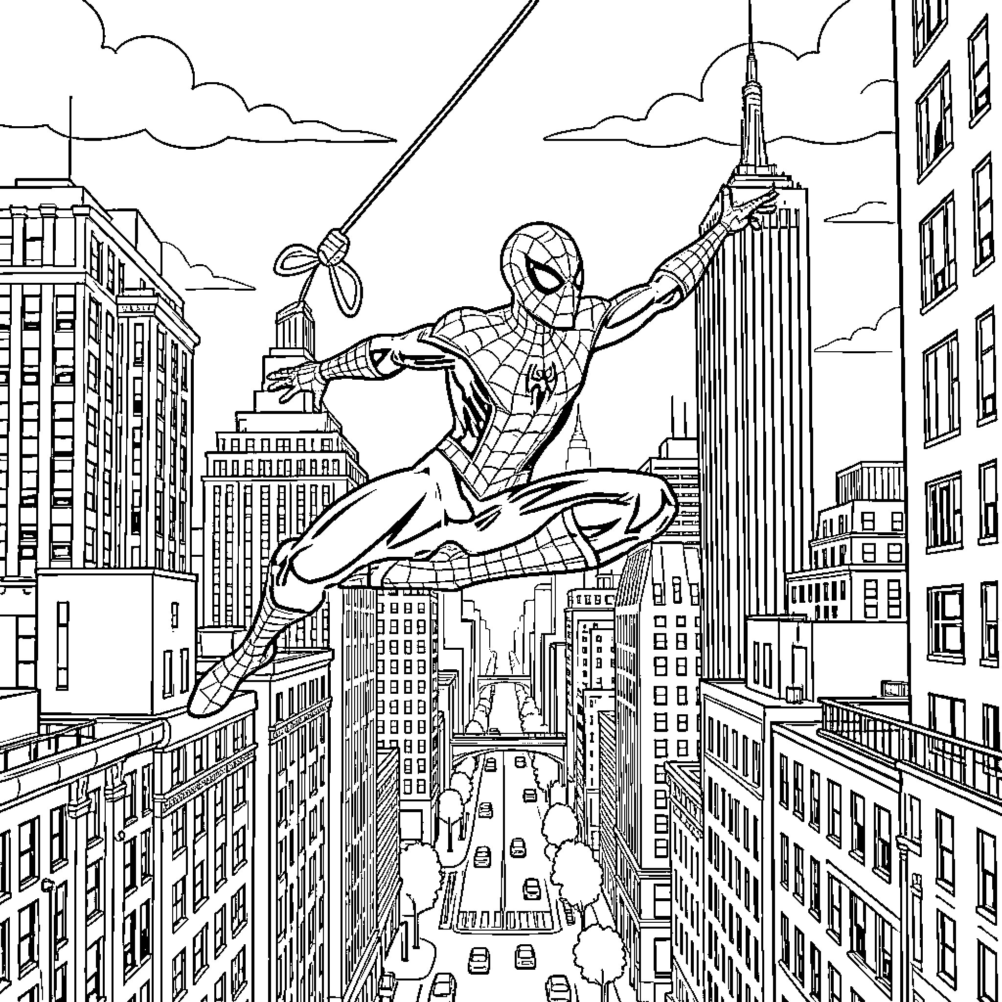 Spider-Man swinging through a busy city landscape Coloring Page (free black-and-white line drawing printable PDF for all, from beginners to advanced learners, including children, teens, adults, and seniors)