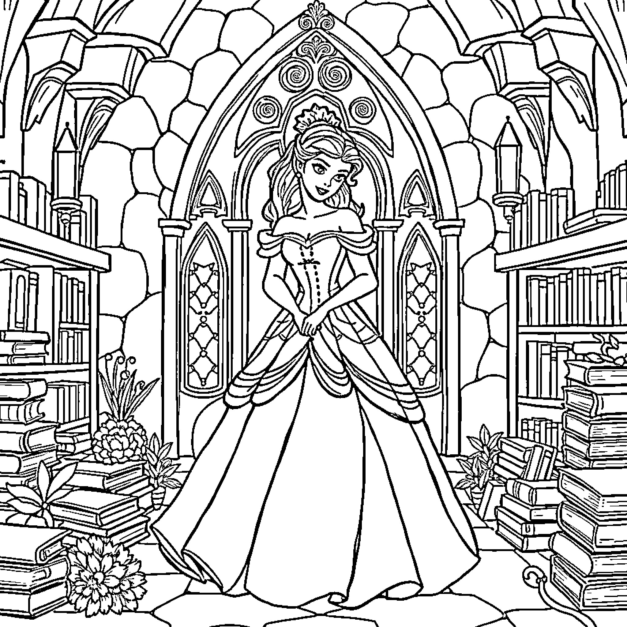 Princess in a Majestic Library Setting Coloring Page (free black-and-white line drawing printable PDF for all, from beginners to advanced learners, including children, teens, adults, and seniors)