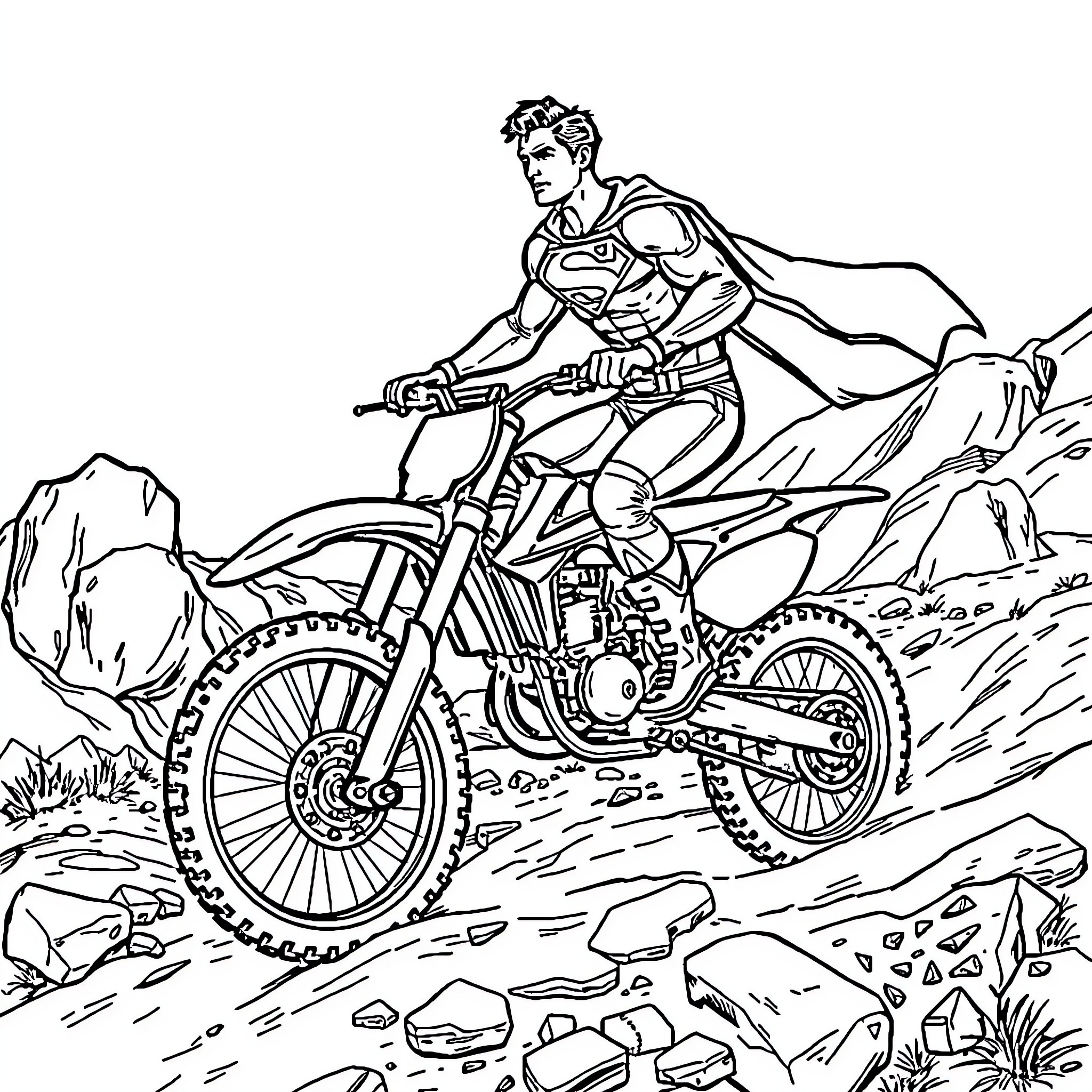 Superman riding a dirt bike through rugged terrain Coloring Page (free black-and-white line drawing printable PDF for all, from beginners to advanced learners, including children, teens, adults, and seniors)