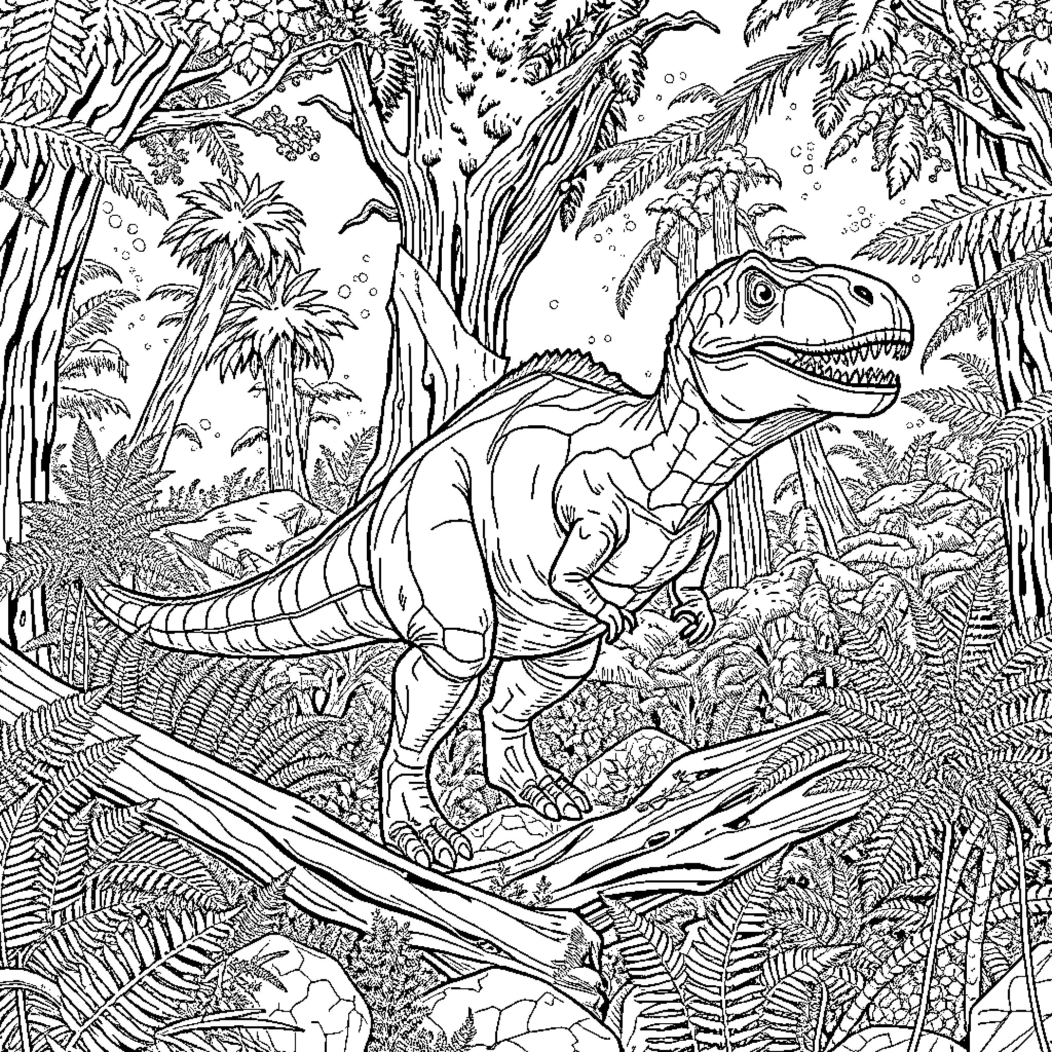 Megalosaurus roaming through lush prehistoric landscape Coloring Page (free black-and-white line drawing printable PDF for all, from beginners to advanced learners, including children, teens, adults, and seniors)