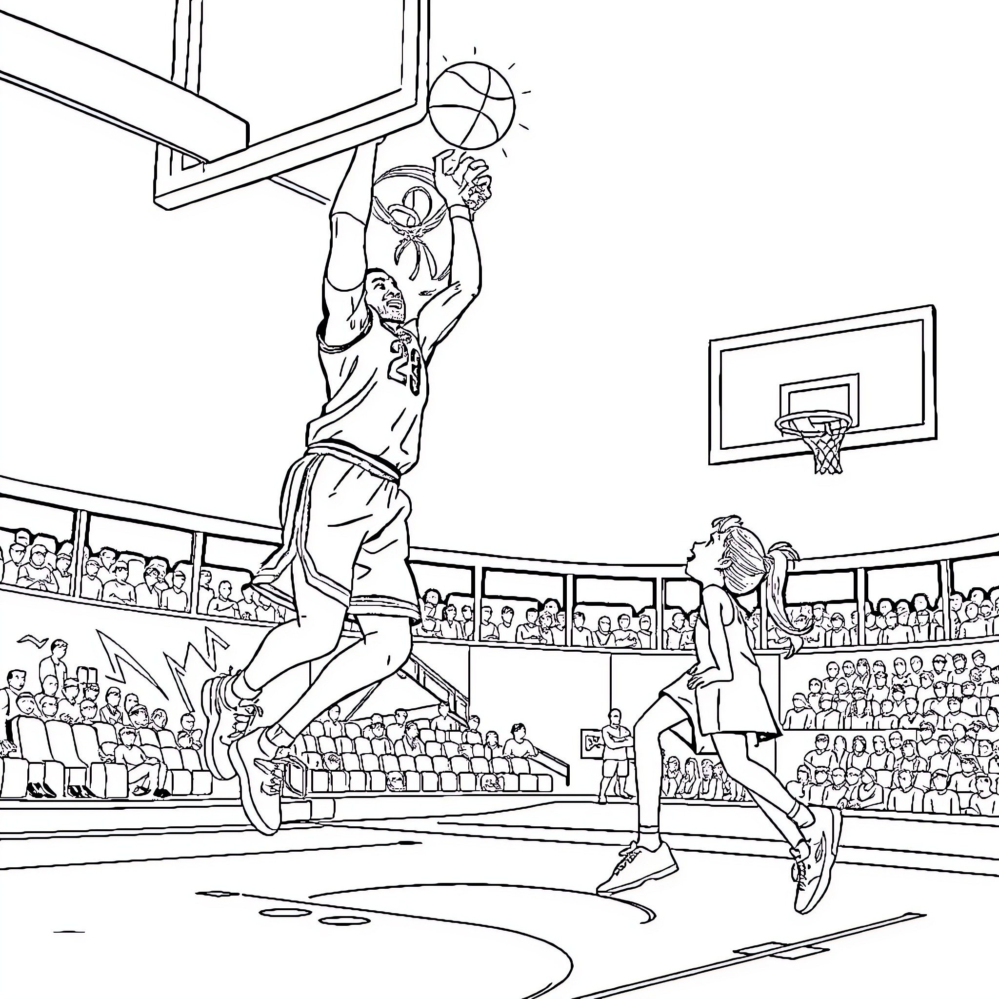 LeBron James dunking basketball in stadium arena Coloring Page (free black-and-white line drawing printable PDF for all, from beginners to advanced learners, including children, teens, adults, and seniors)