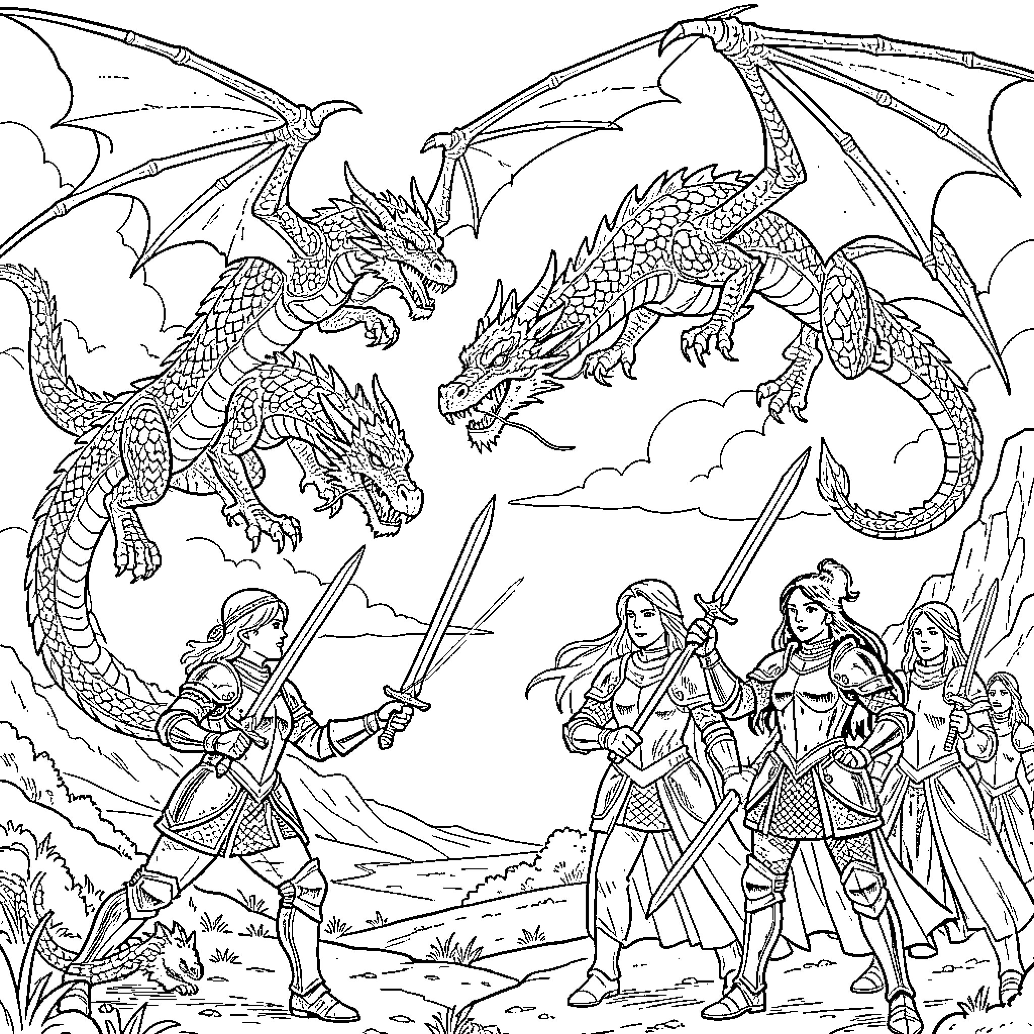Dragon warriors in epic battle against two mighty dragons Coloring Page (free black-and-white line drawing printable PDF for all, from beginners to advanced learners, including children, teens, adults, and seniors)