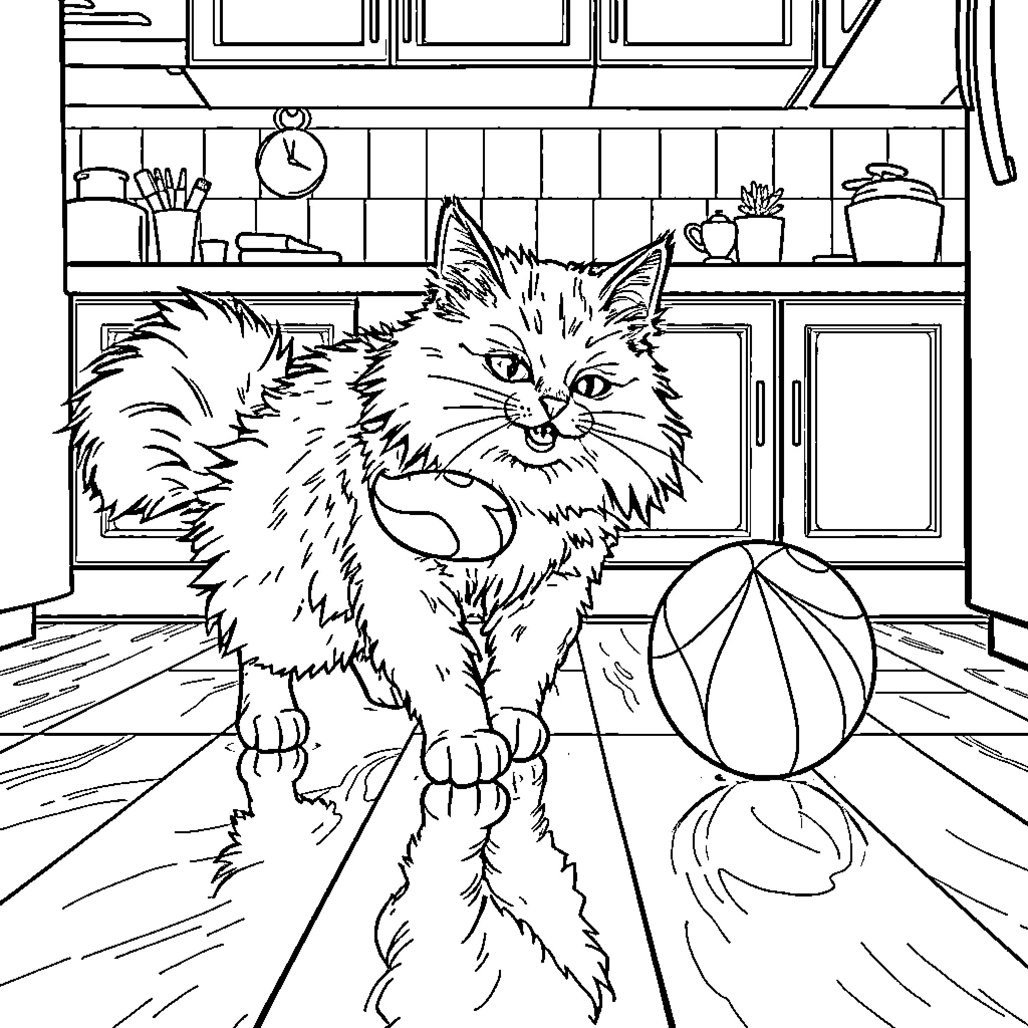 Cat exploring the kitchen Coloring Page (free black-and-white line drawing printable PDF for all, from beginners to advanced learners, including children, teens, adults, and seniors)