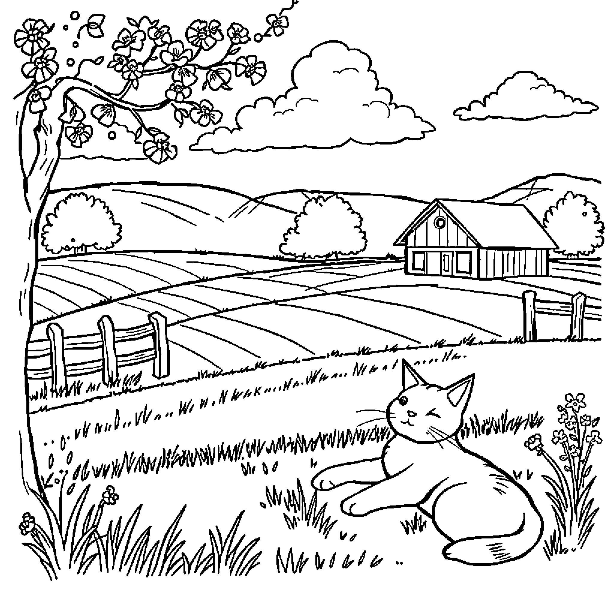 Cat enjoying a peaceful countryside scene Coloring Page (free black-and-white line drawing printable PDF for all, from beginners to advanced learners, including children, teens, adults, and seniors)