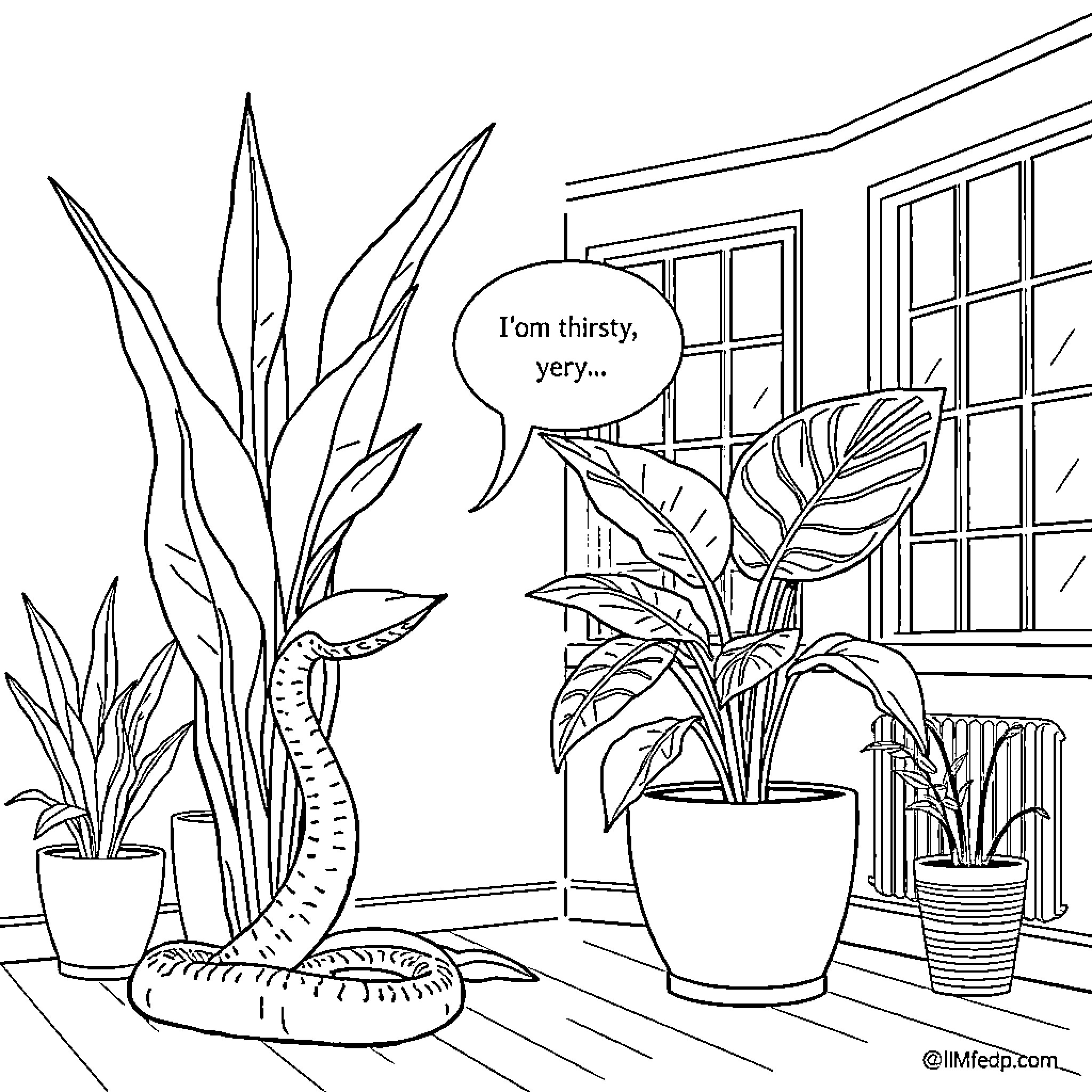 Plant Expressing Thirst in Indoor Setting Coloring Page (free black-and-white line drawing printable PDF for all, from beginners to advanced learners, including children, teens, adults, and seniors)