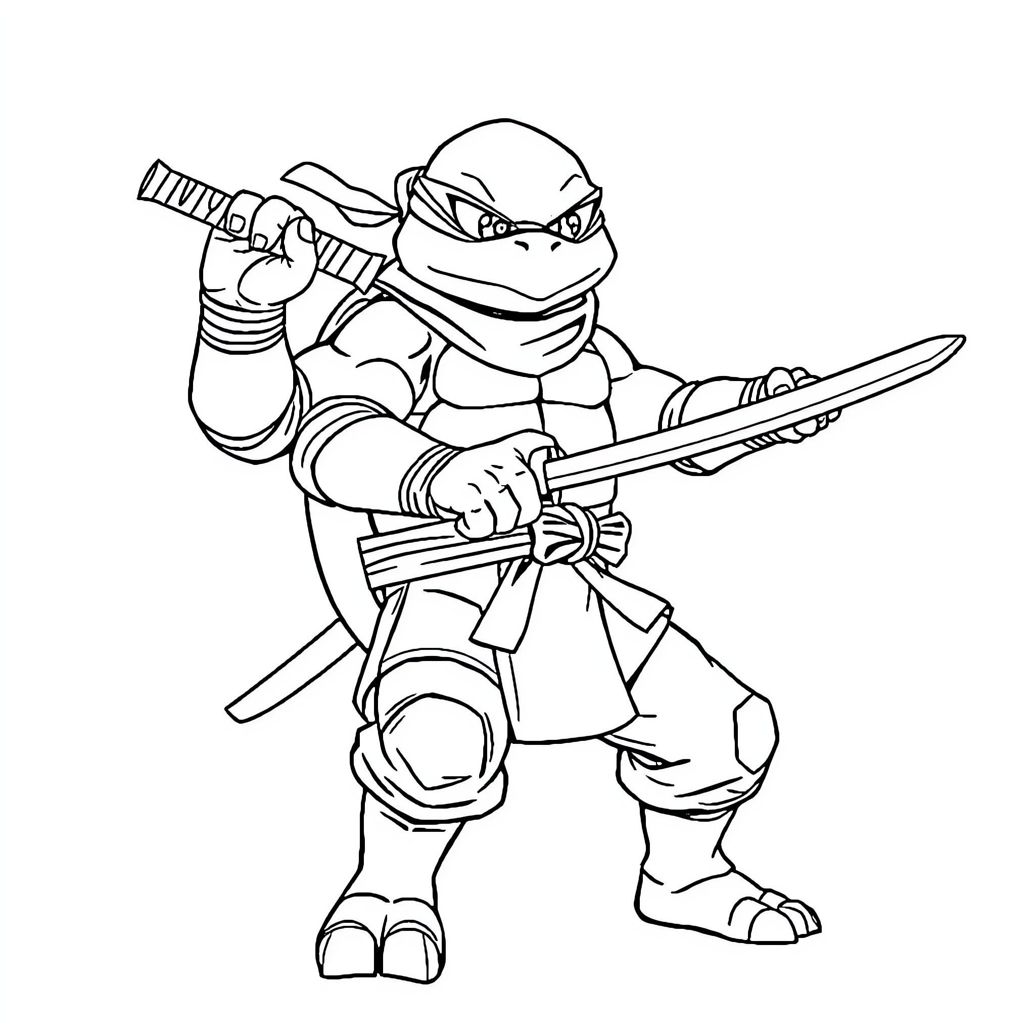Leonardo the Ninja Turtle in Action Coloring Page (free black-and-white line drawing printable PDF for all, from beginners to advanced learners, including children, teens, adults, and seniors)
