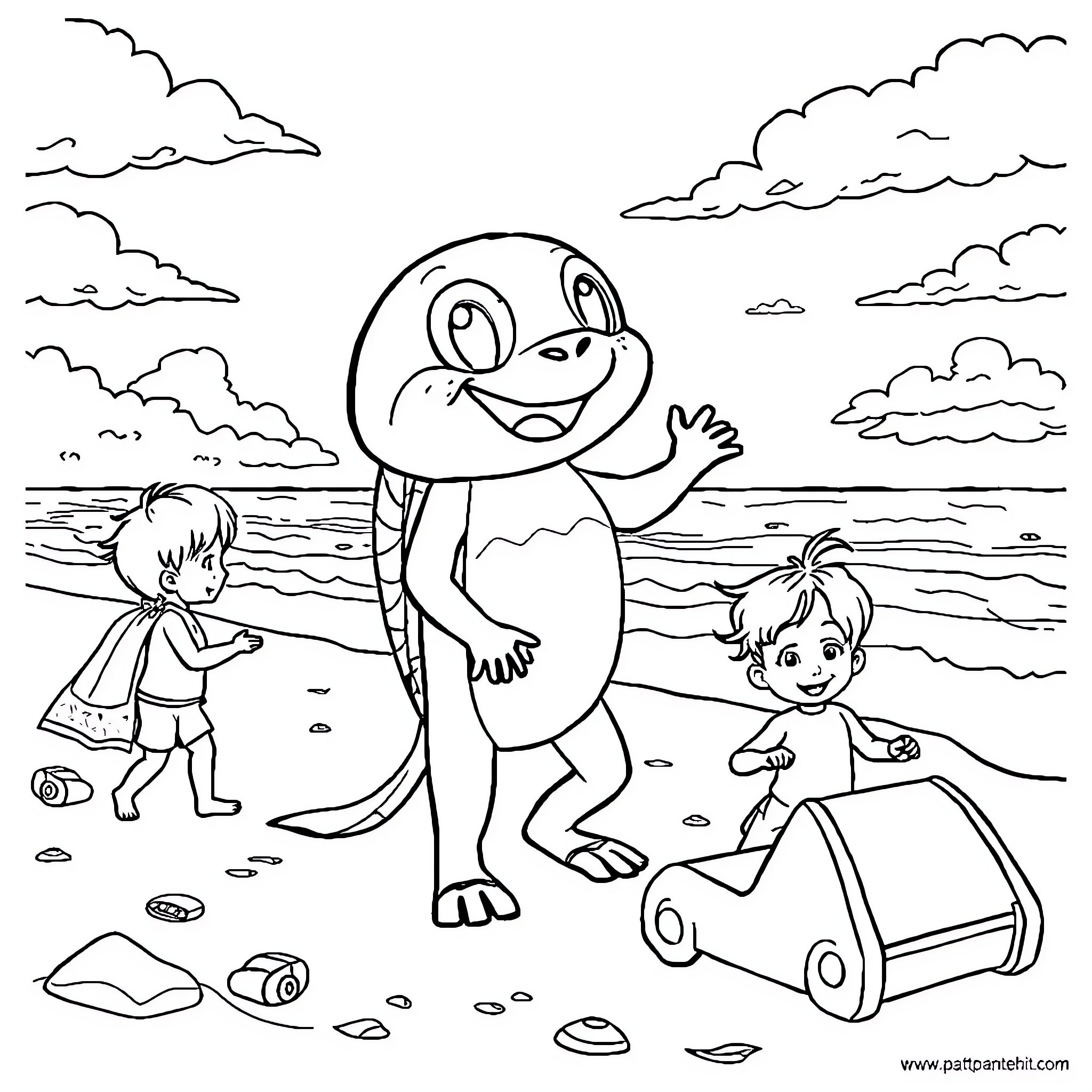 Paw Patrol characters playing by the beach Coloring Page (free black-and-white line drawing printable PDF for all, from beginners to advanced learners, including children, teens, adults, and seniors)