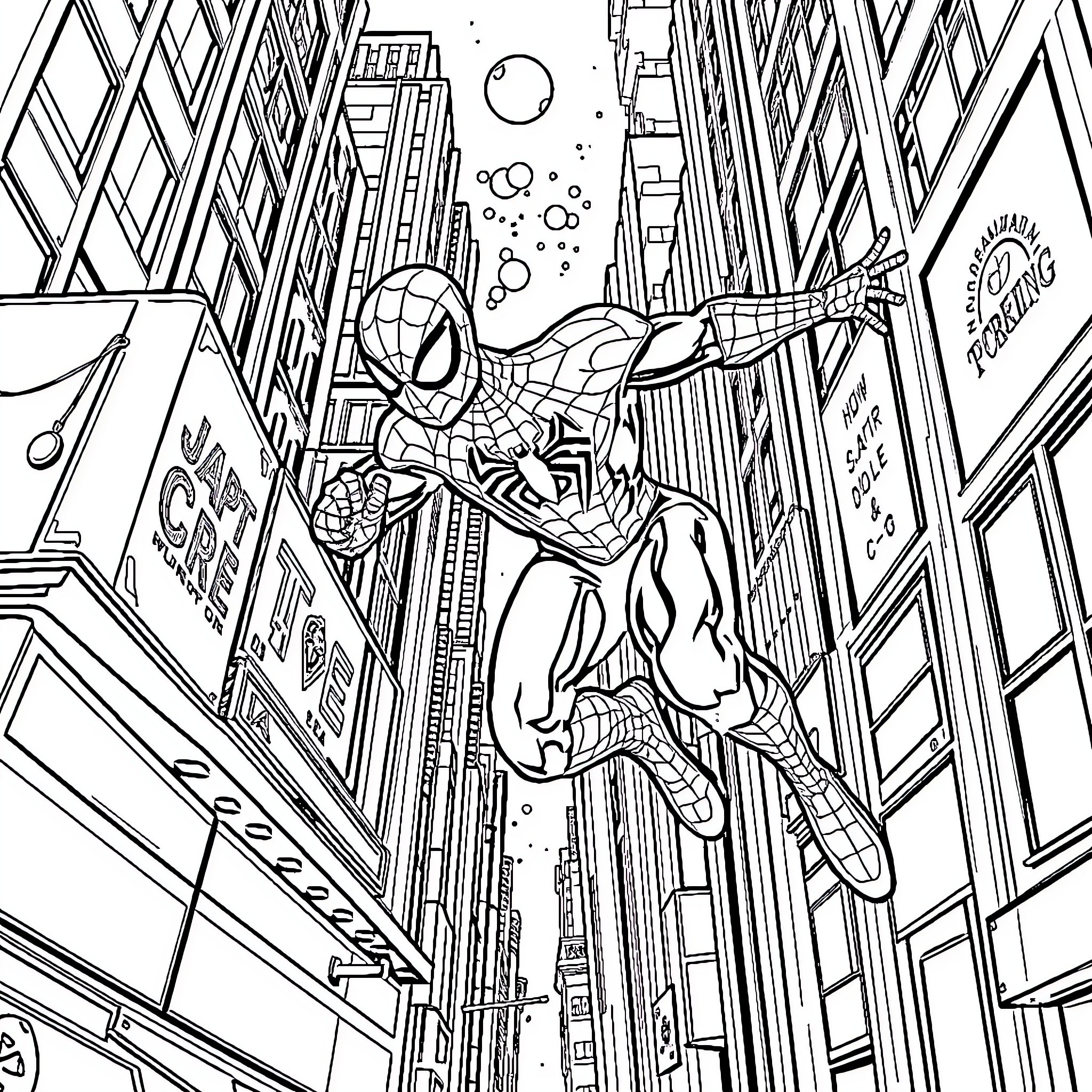 Spider-Man swinging through the city skyline Coloring Page (free black-and-white line drawing printable PDF for all, from beginners to advanced learners, including children, teens, adults, and seniors)