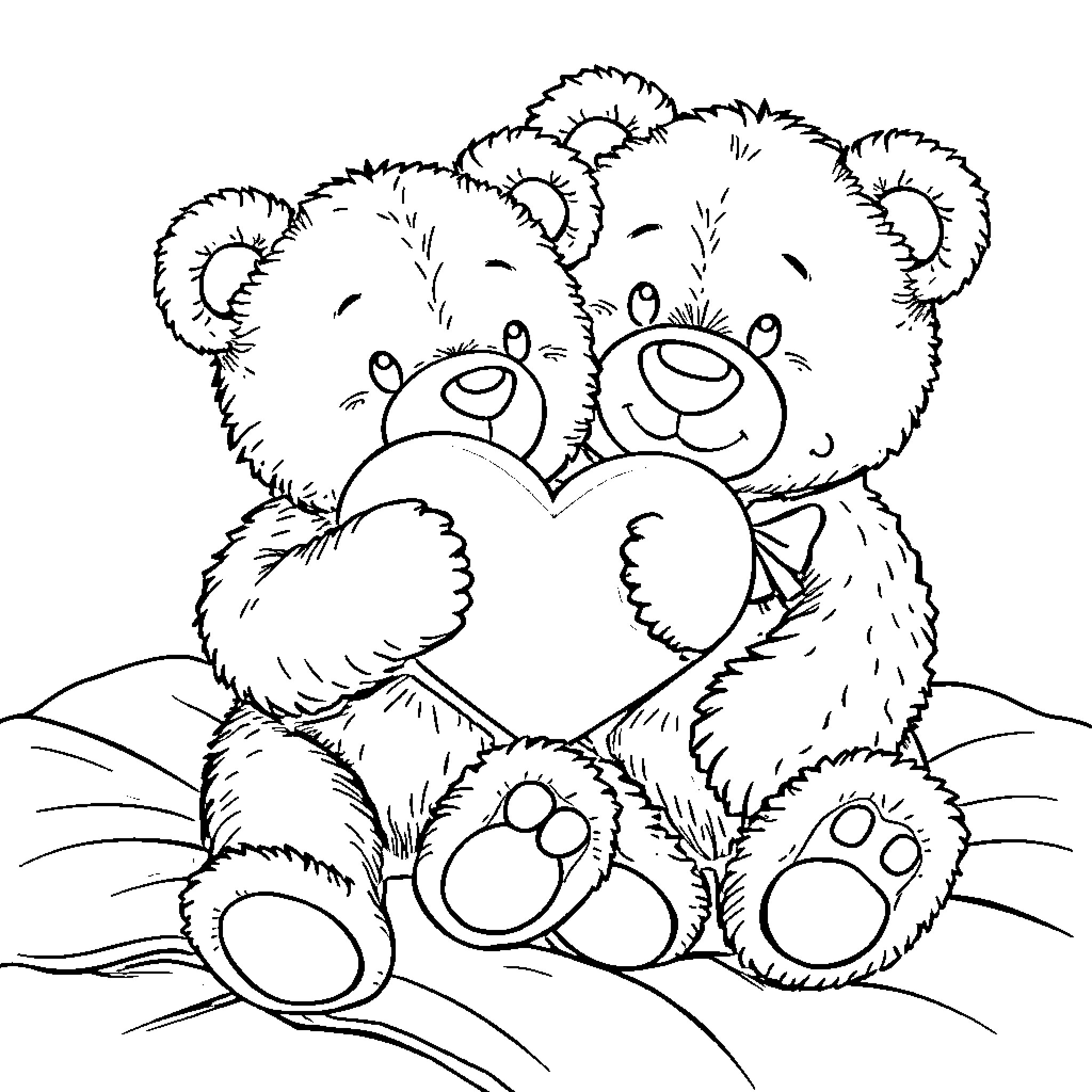 Teddy Bears Sharing a Heart-Shaped Love Coloring Page (free black-and-white line drawing printable PDF for all, from beginners to advanced learners, including children, teens, adults, and seniors)