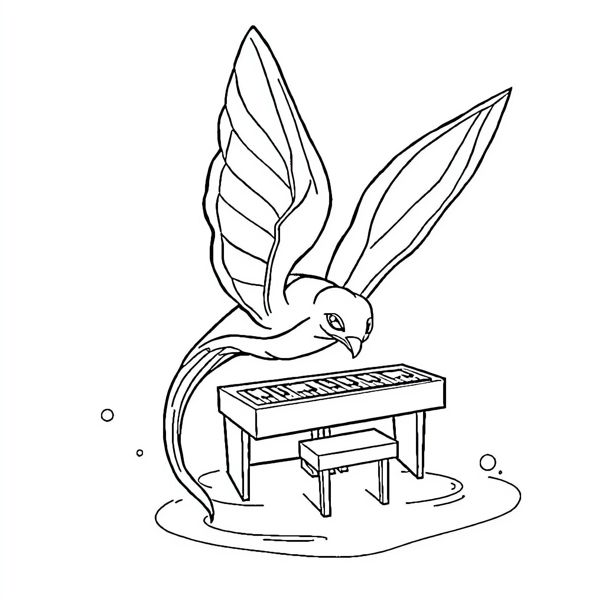Manta Ray Playing Keyboard on Ocean Floor Coloring Page (free black-and-white line drawing printable PDF for all, from beginners to advanced learners, including children, teens, adults, and seniors)