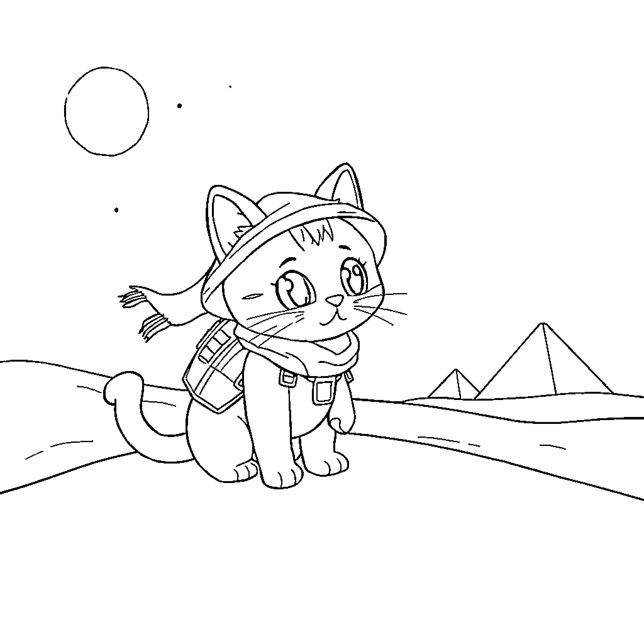 Cat in Adventurer Outfit Exploring Pyramids Coloring Page (free black-and-white line drawing printable PDF for all, from beginners to advanced learners, including children, teens, adults, and seniors)