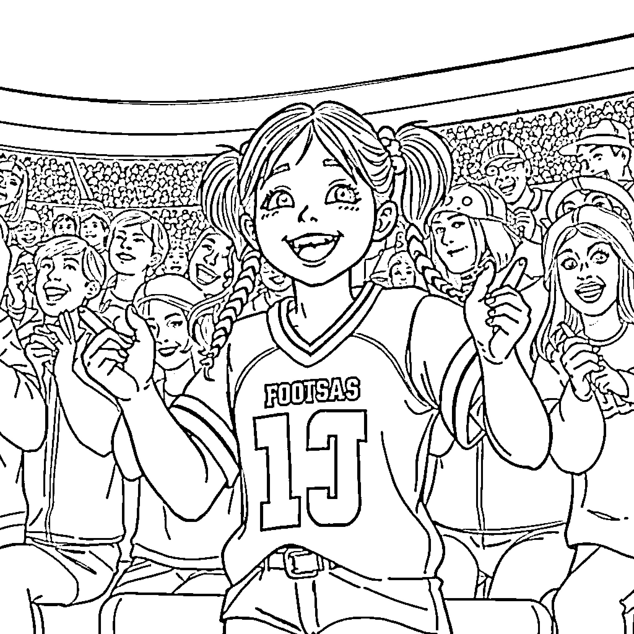 Girl cheering excitedly at sports event Coloring Page (free black-and-white line drawing printable PDF for all, from beginners to advanced learners, including children, teens, adults, and seniors)