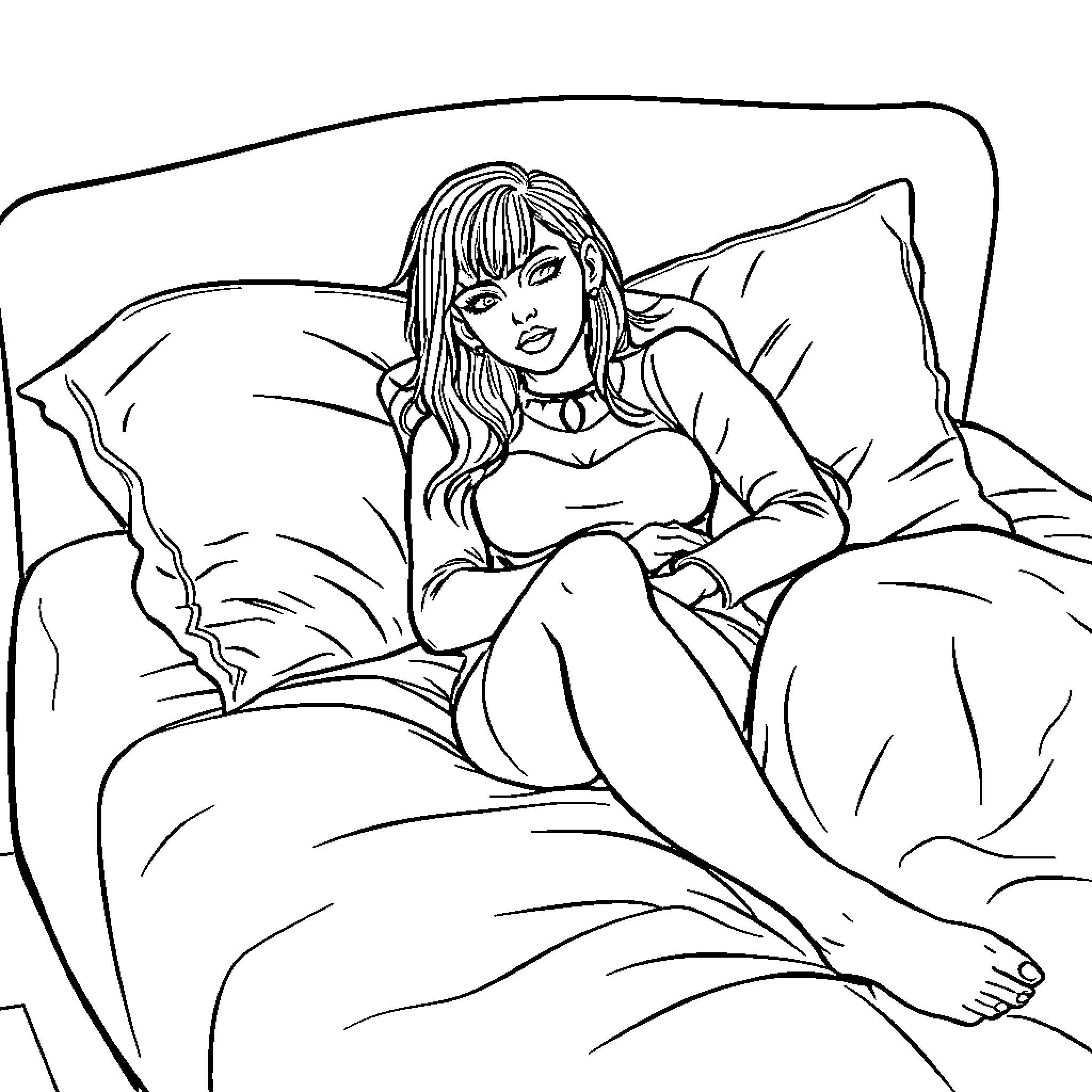 Mommy resting comfortably on the bed Coloring Page (free black-and-white line drawing printable PDF for all, from beginners to advanced learners, including children, teens, adults, and seniors)